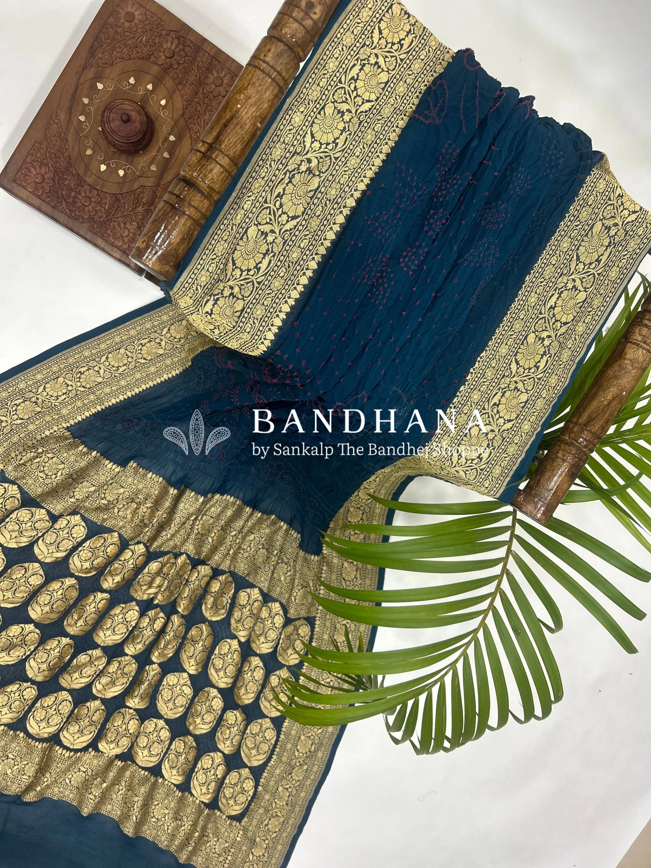 Indigo Georgette Bananrasi All Over Rai Bandhani Saree Sarees