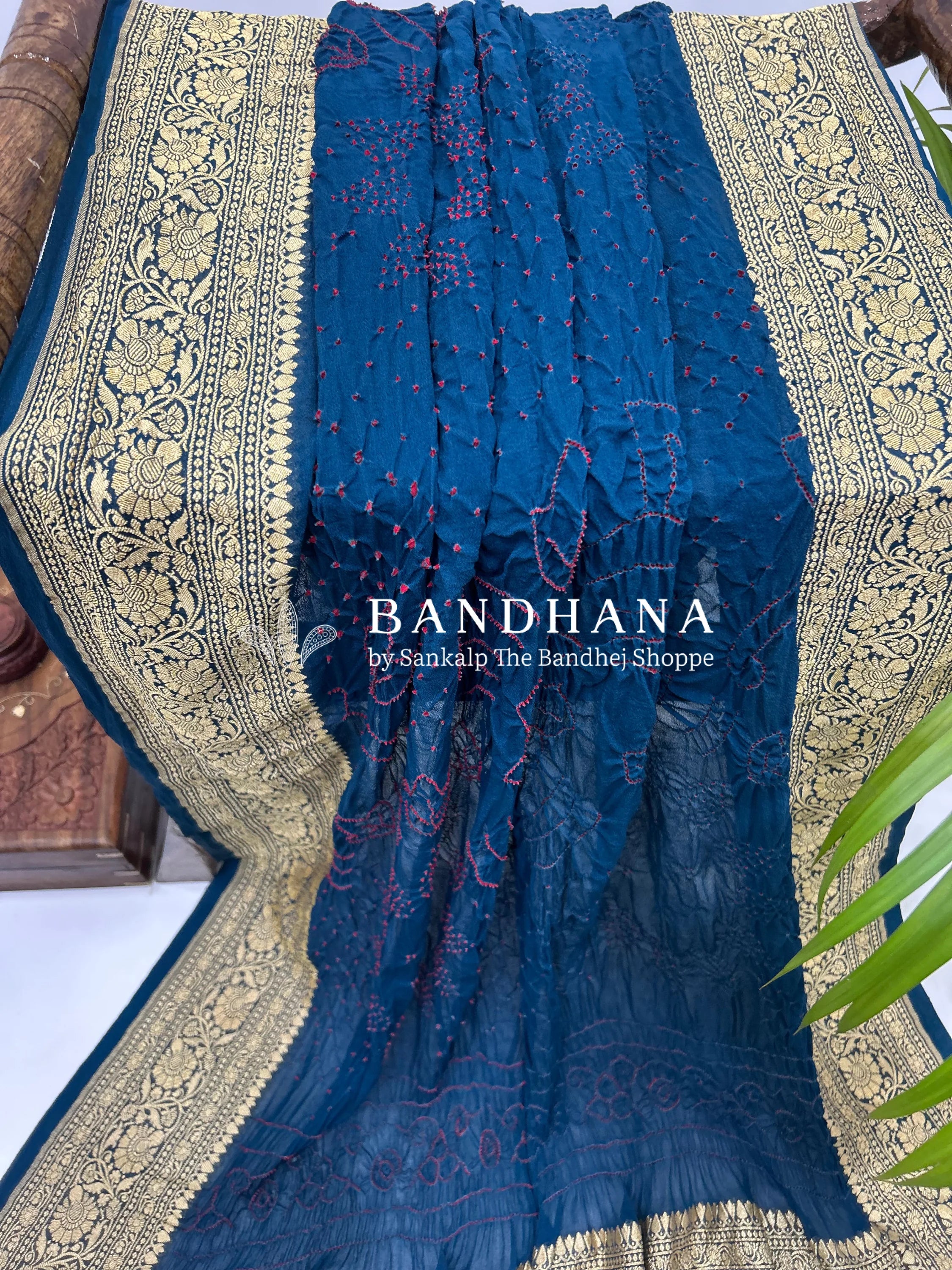 Indigo Georgette Bananrasi All Over Rai Bandhani Saree Sarees