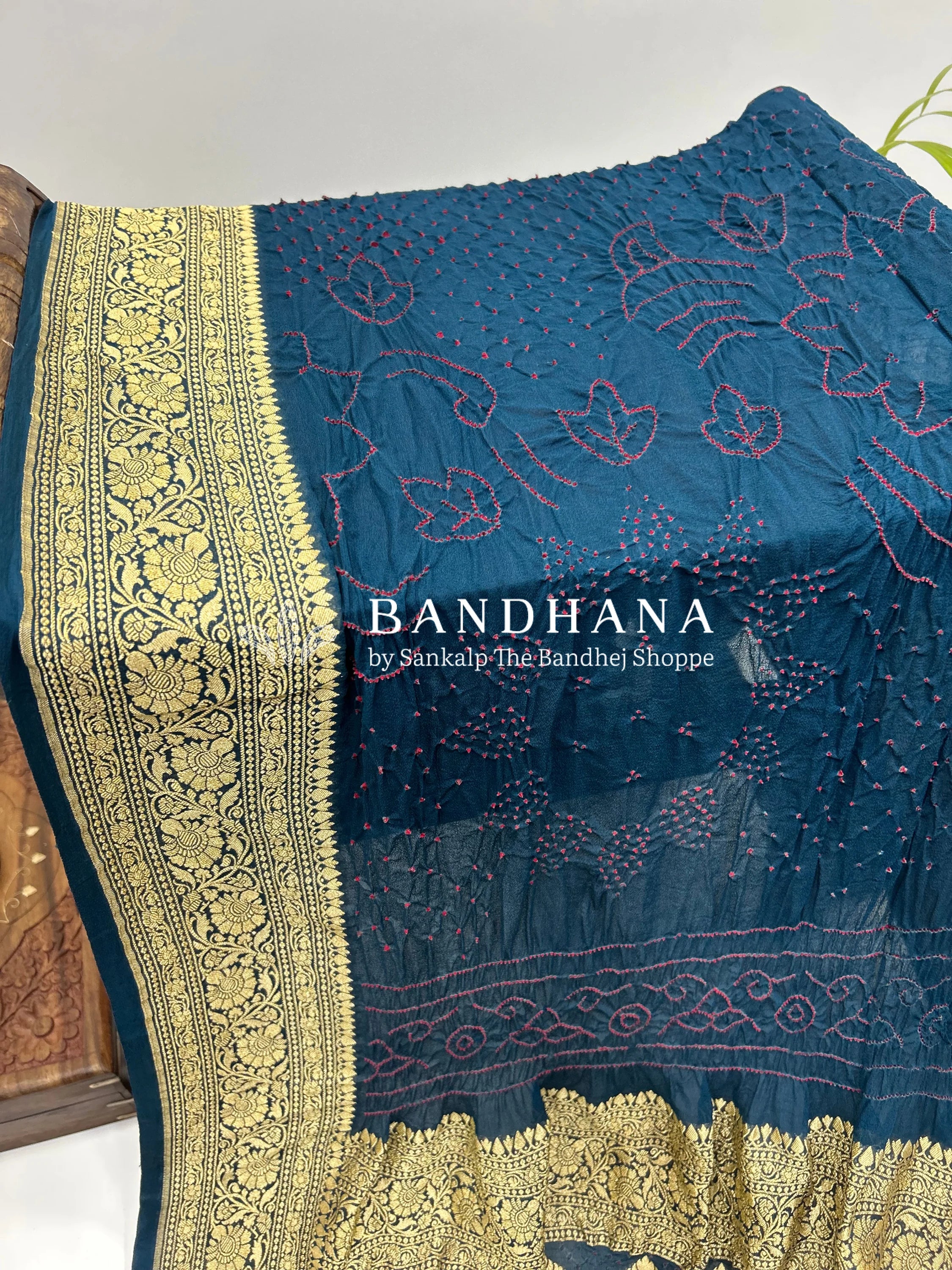 Indigo Georgette Bananrasi All Over Rai Bandhani Saree Sarees