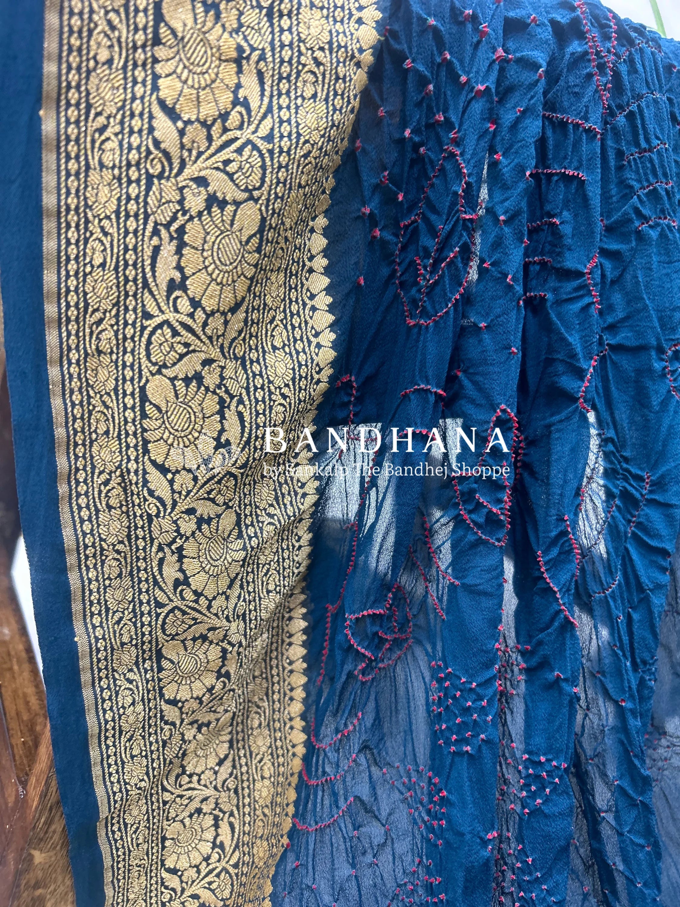 Indigo Georgette Bananrasi All Over Rai Bandhani Saree Sarees