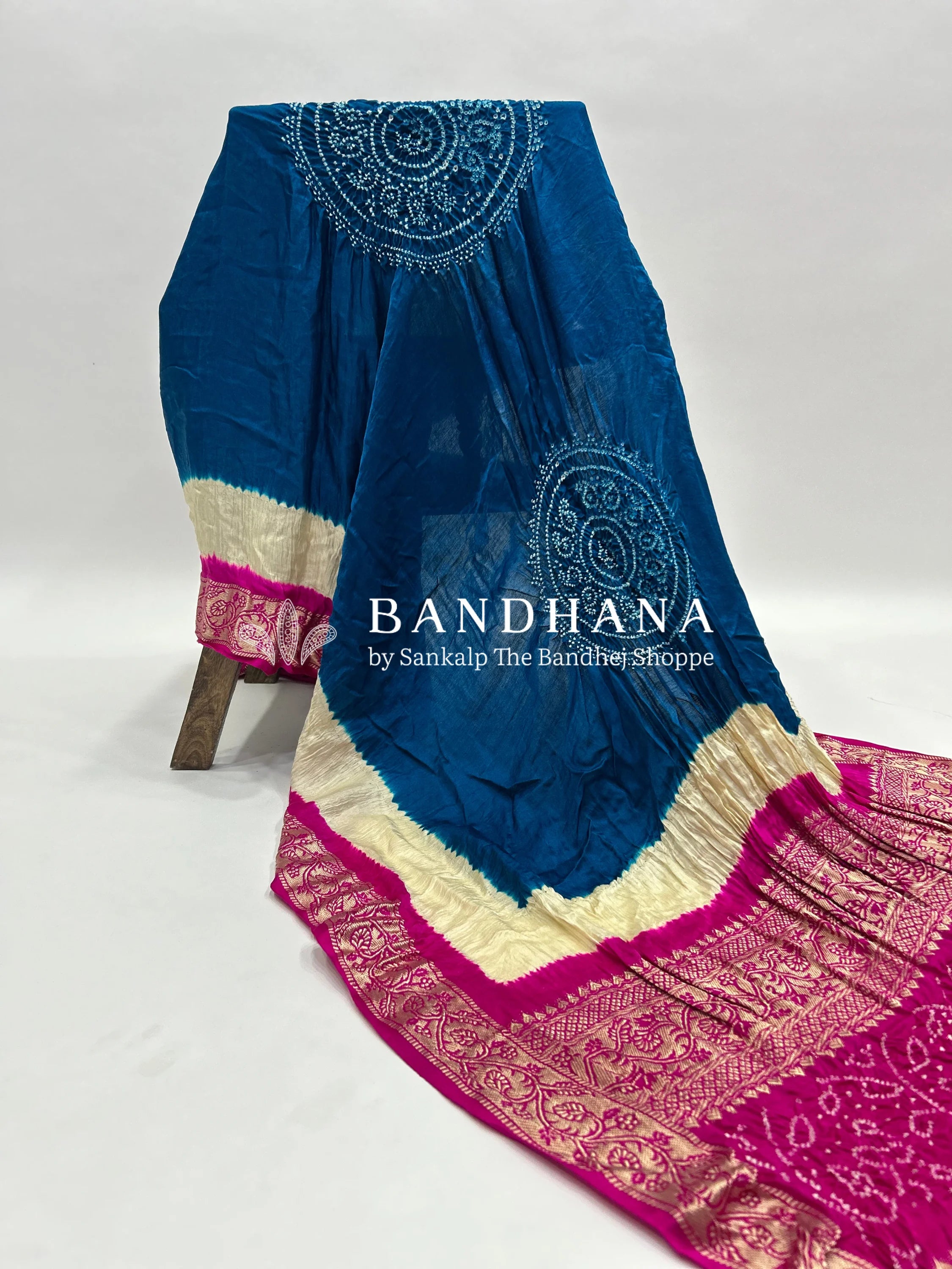 Indigo-Rani Gajji Silk Designer Gala Dupatta With 3 Colour Dying royalblue / Gajji Silk Dupattas