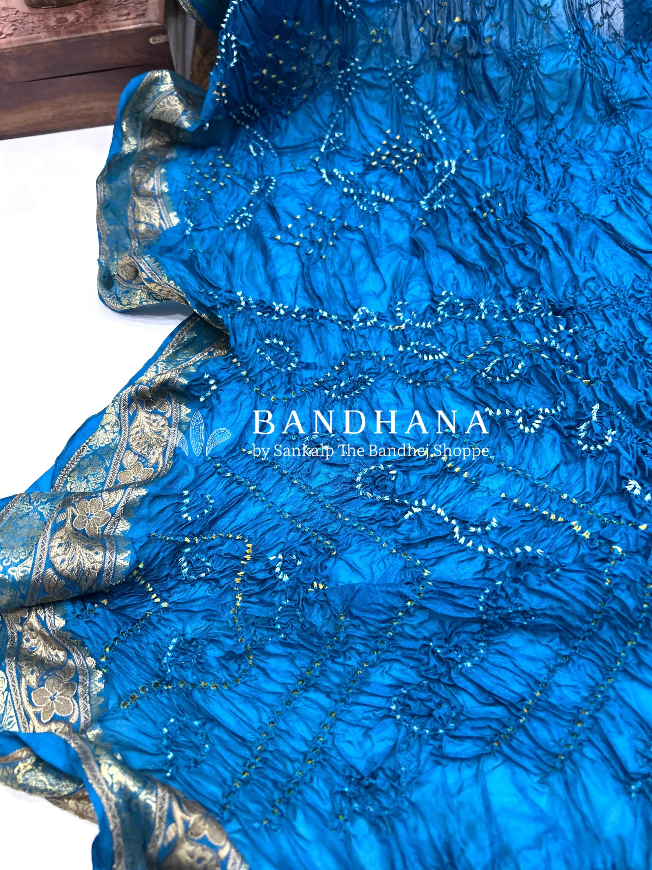 Indigo Soft Silk Resham Border Bandhani Saree dodgerblue / Soft Silk Sarees