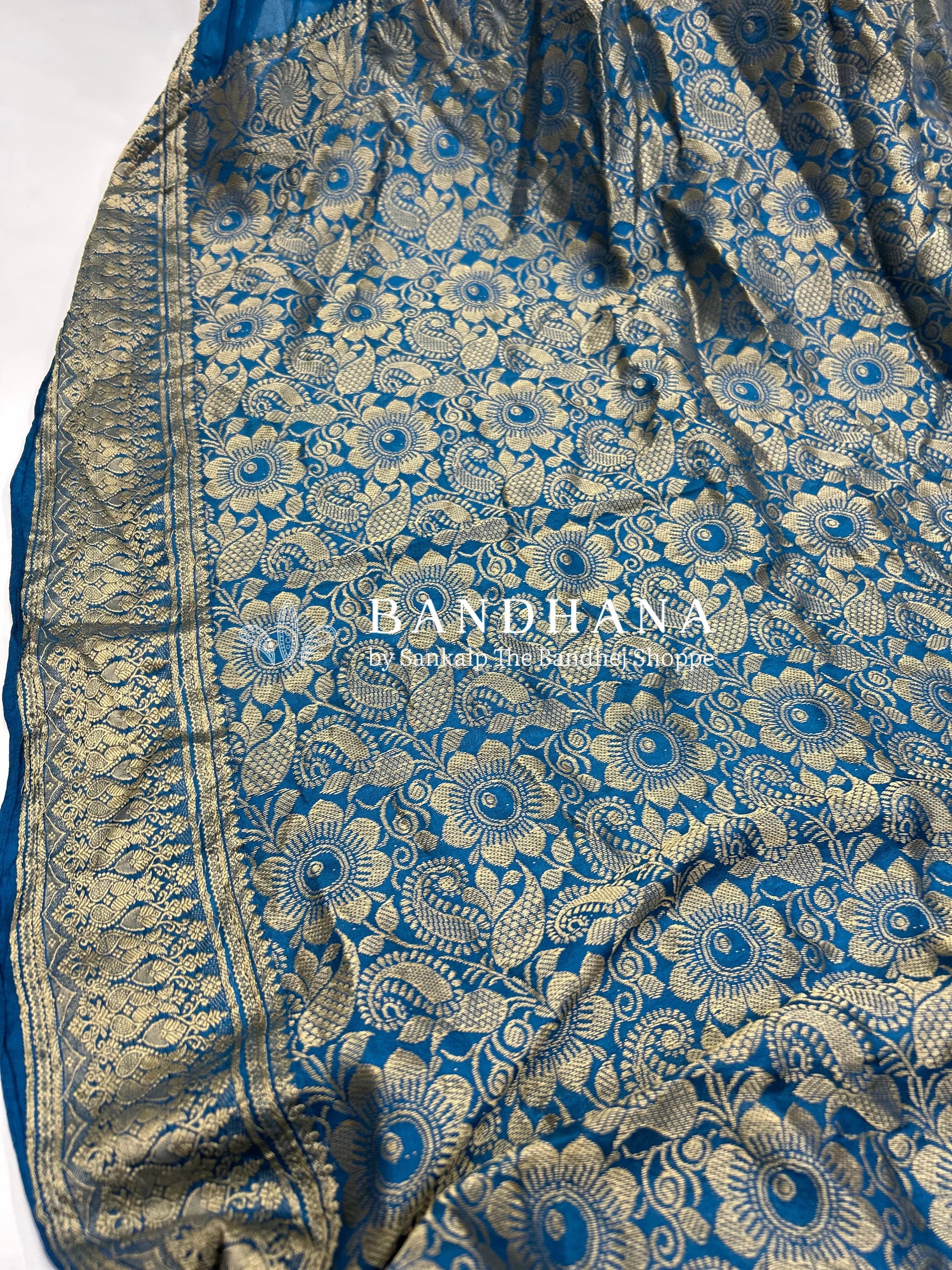 Indigo Soft Silk Resham Palav Bandhani Saree dodgerblue / Soft Silk Sarees