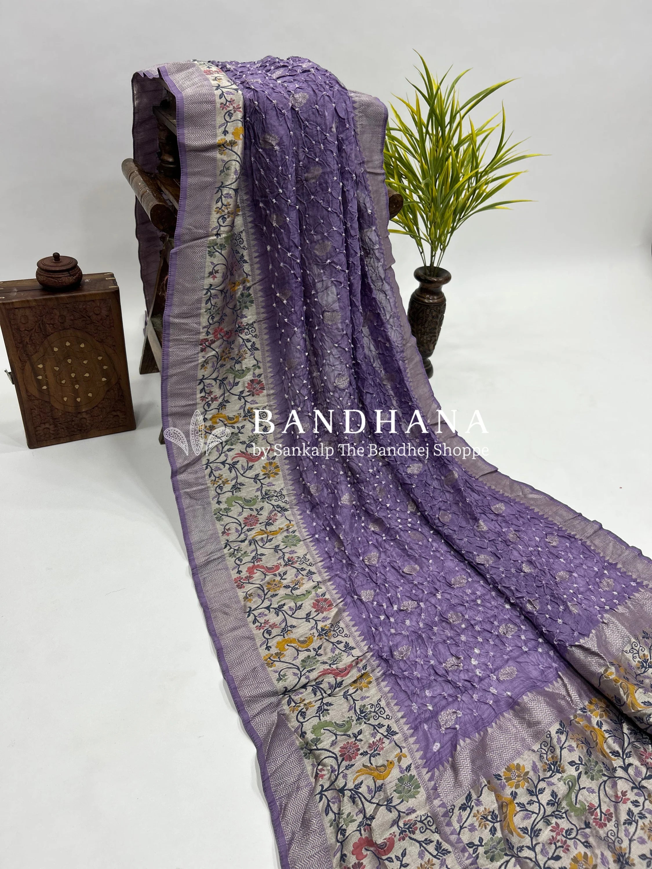 Lavender Art Tussar Silk Bandhani Saree mediumpurple / Tussar Silk Sarees