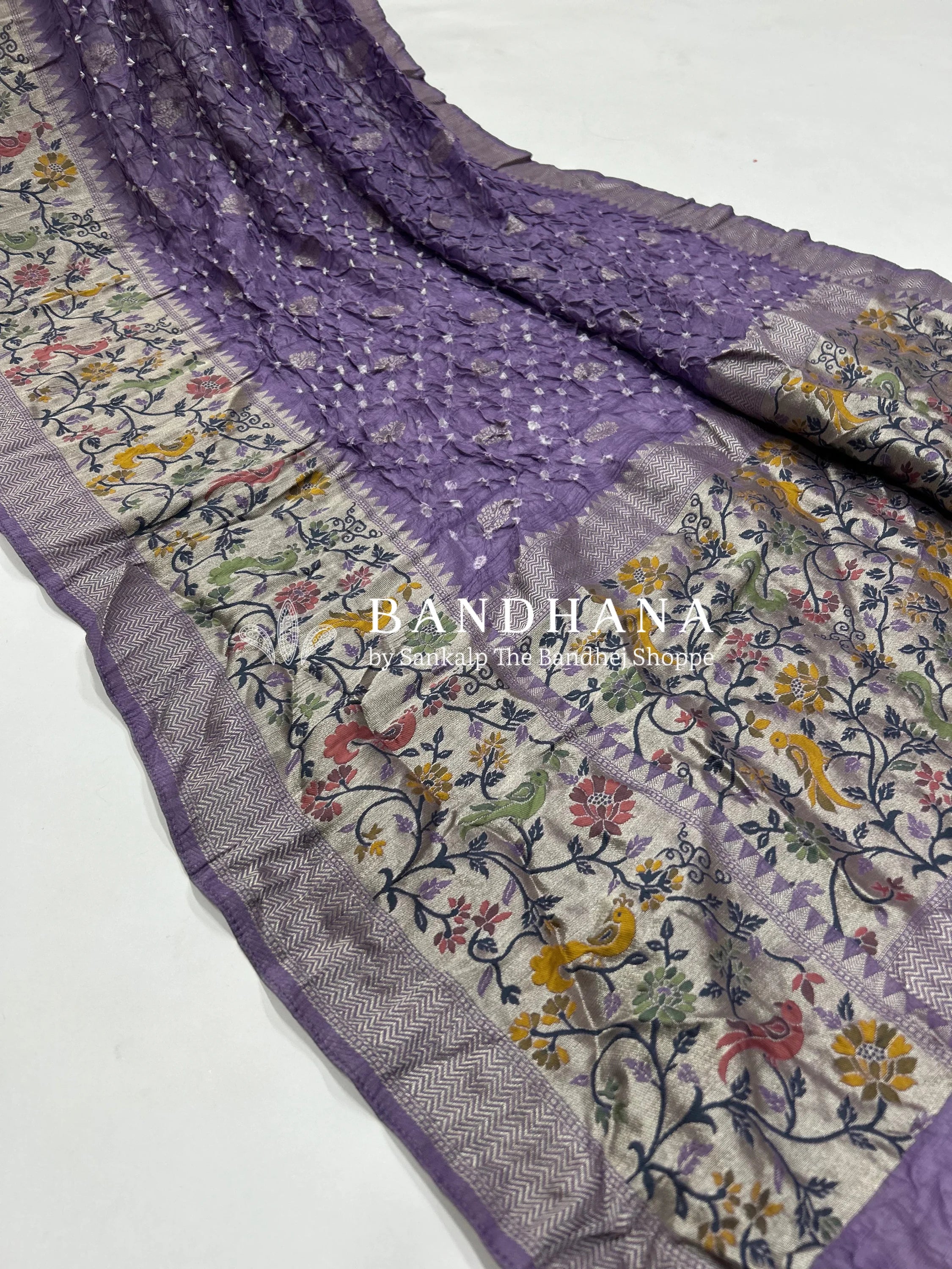 Lavender Art Tussar Silk Bandhani Saree mediumpurple / Tussar Silk Sarees