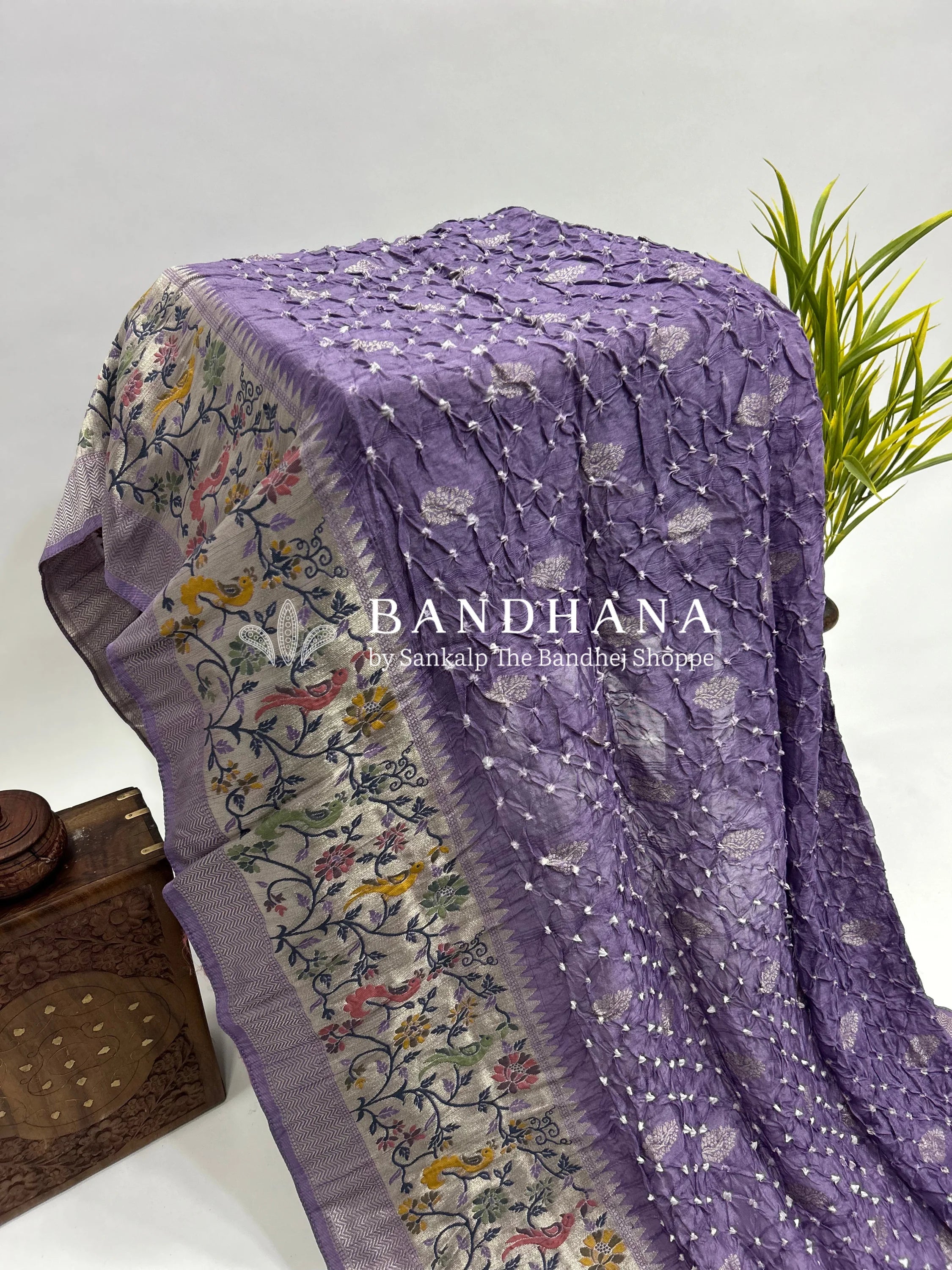 Lavender Art Tussar Silk Bandhani Saree mediumpurple / Tussar Silk Sarees