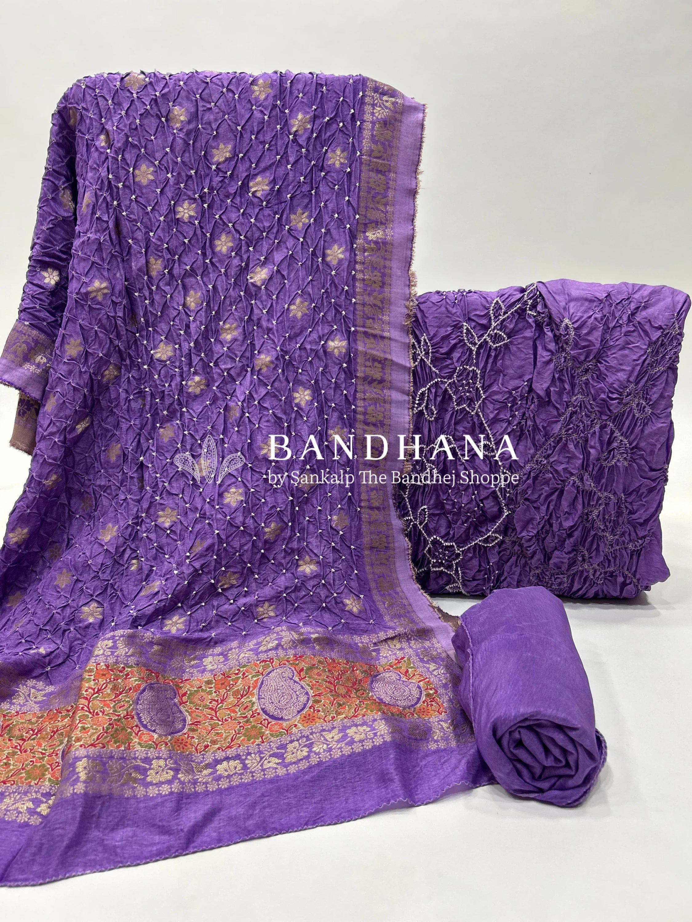 Lavender Dola Silk Bandhani Dress Material mediumpurple / Dola Silk Dresses
