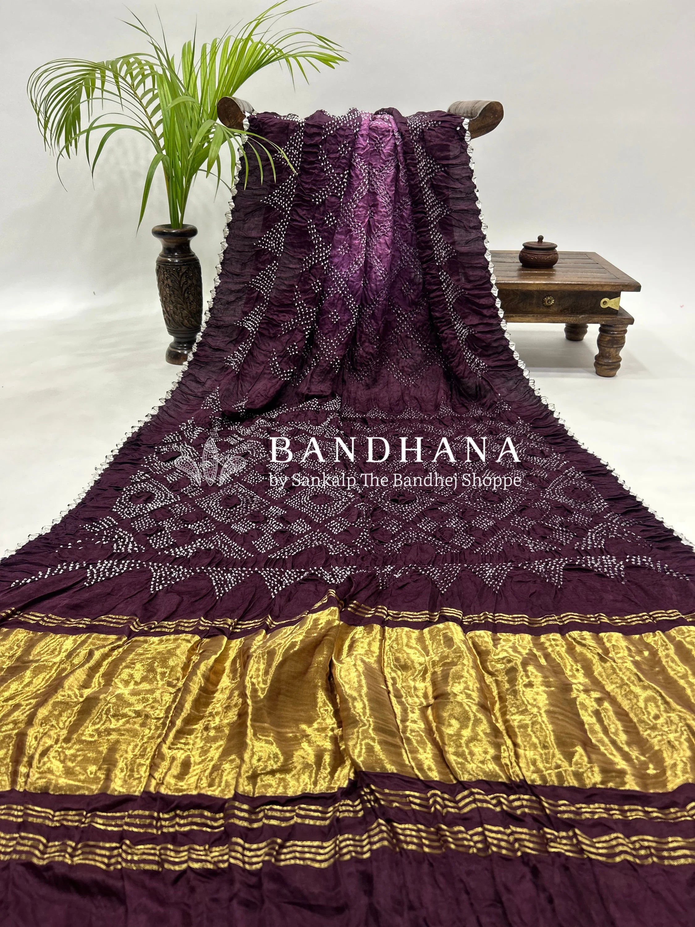 Lavender Wine Gajji Bharati Designer Bandhani Saree Sarees