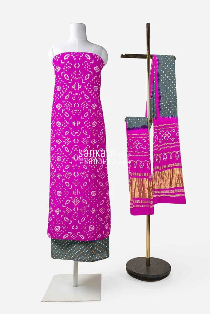 Buy Online Purple and White Kutchi Bandhani Dress Material