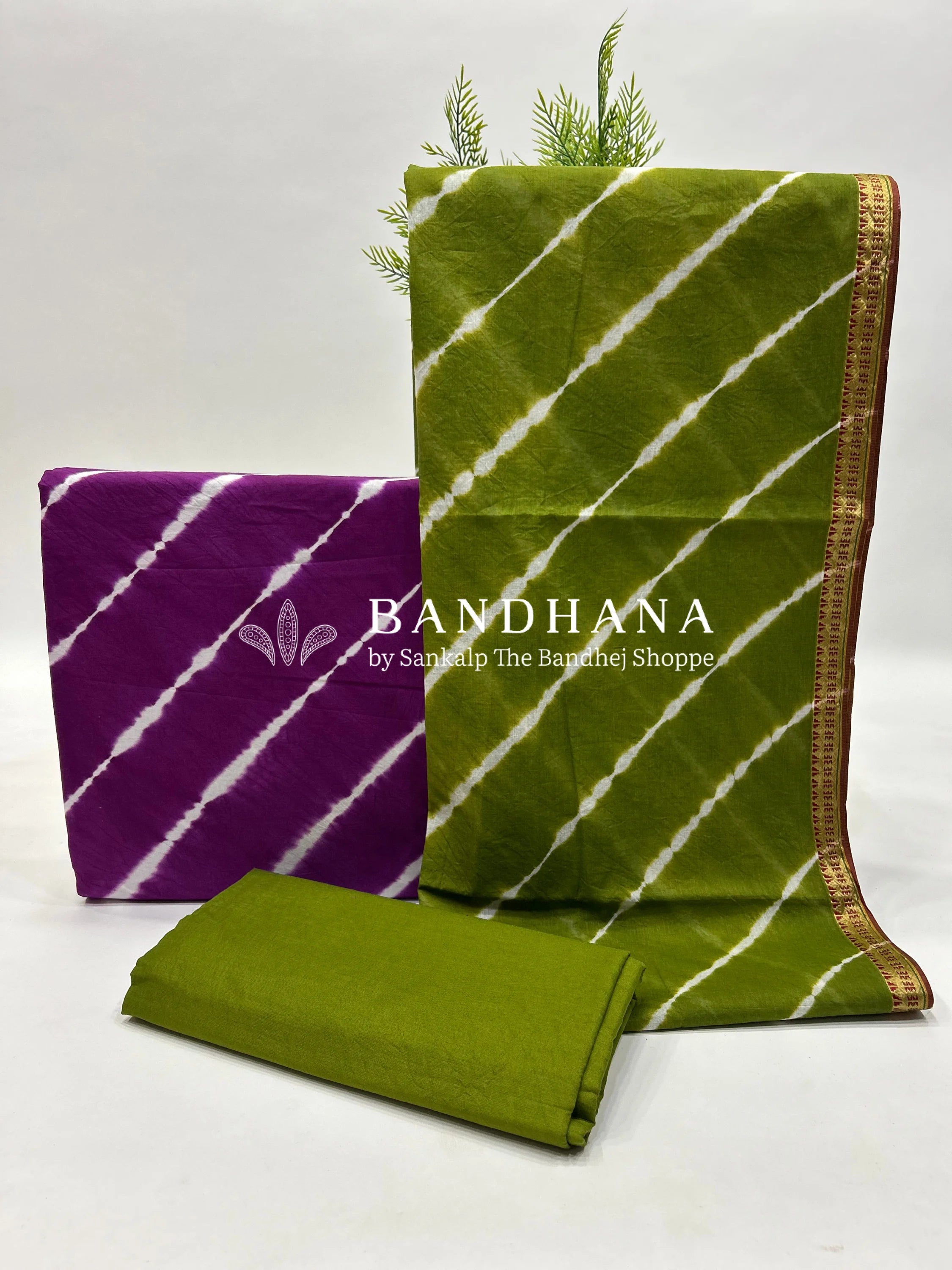 Magenta-Mehendi Green Cotton Laheriya Dress Material green / Cotton Dresses