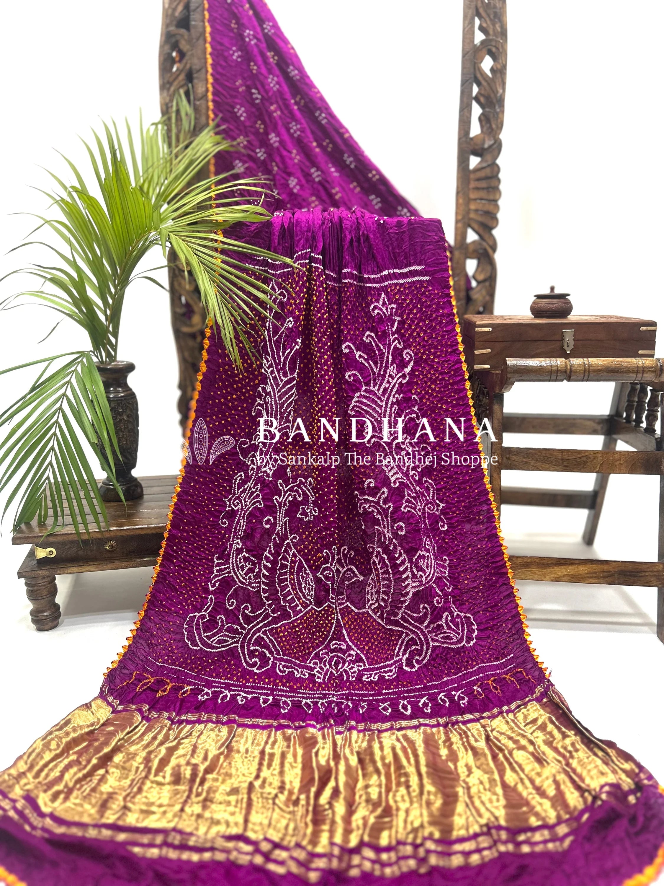 Magenta Mor Palav Gajji Designer Bandhani Saree Sarees