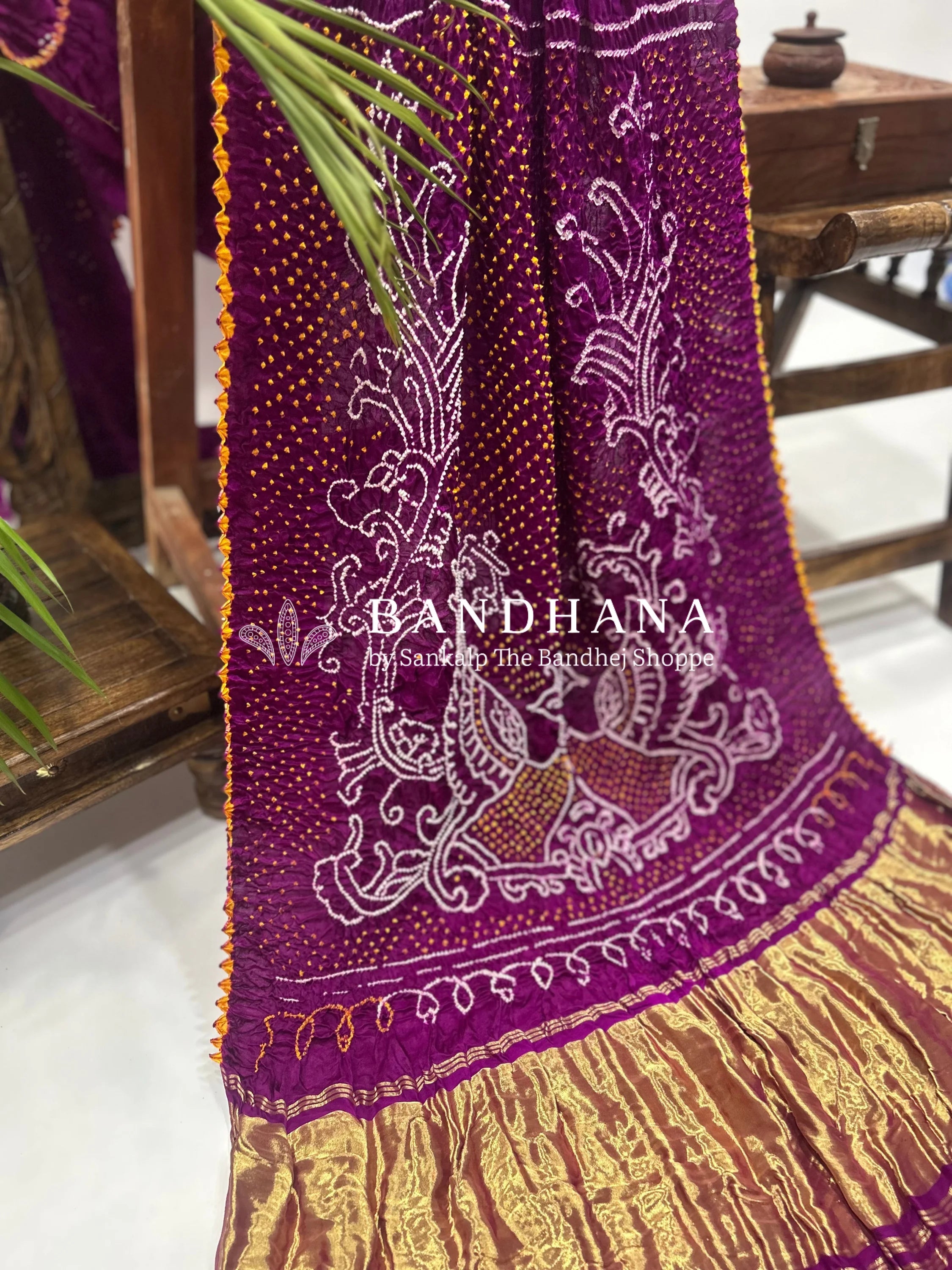 Magenta Mor Palav Gajji Designer Bandhani Saree Sarees