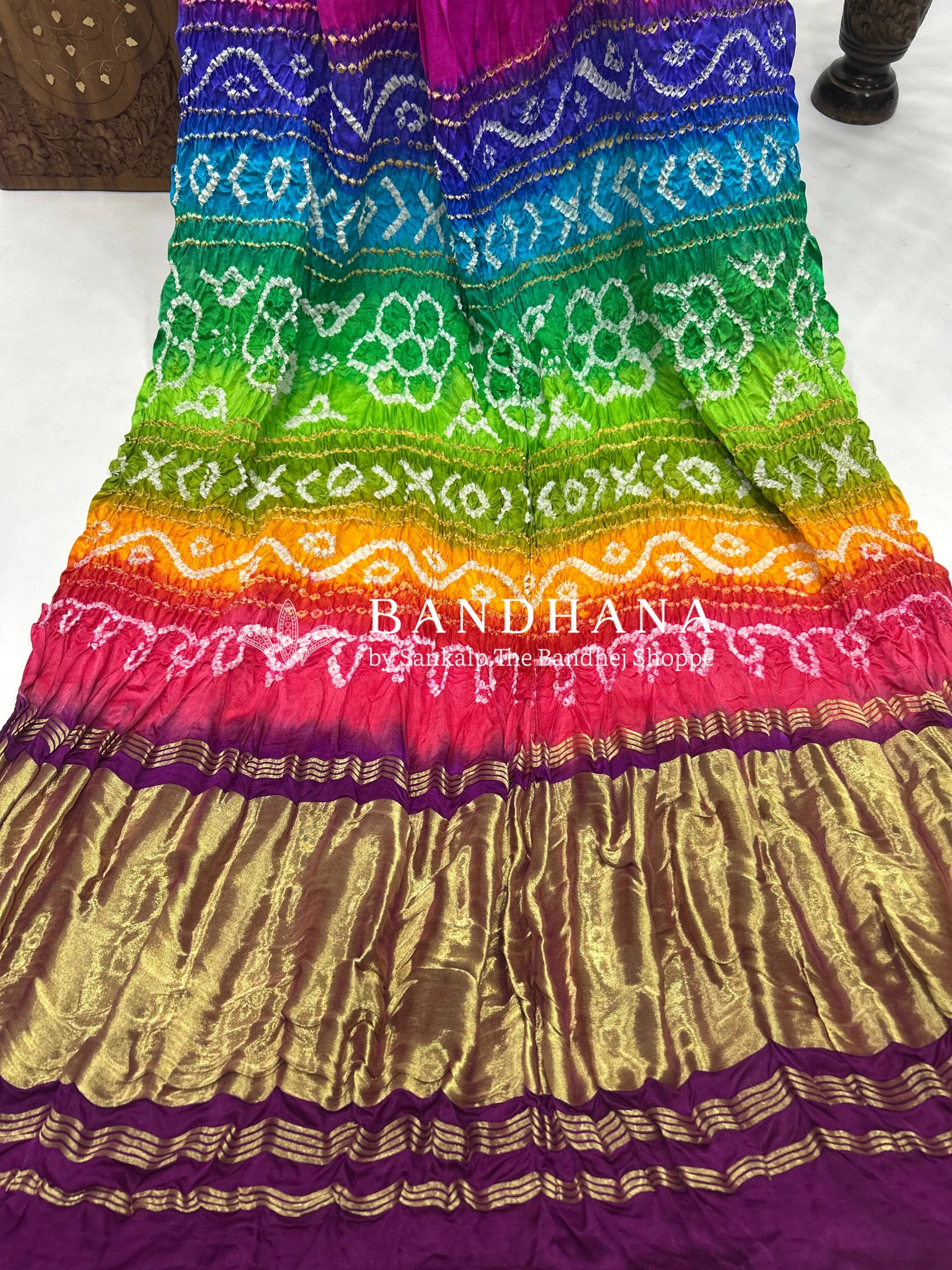 Magenta Multi Colour Palav Gajji Silk Single Dot Bandhani Saree Sarees