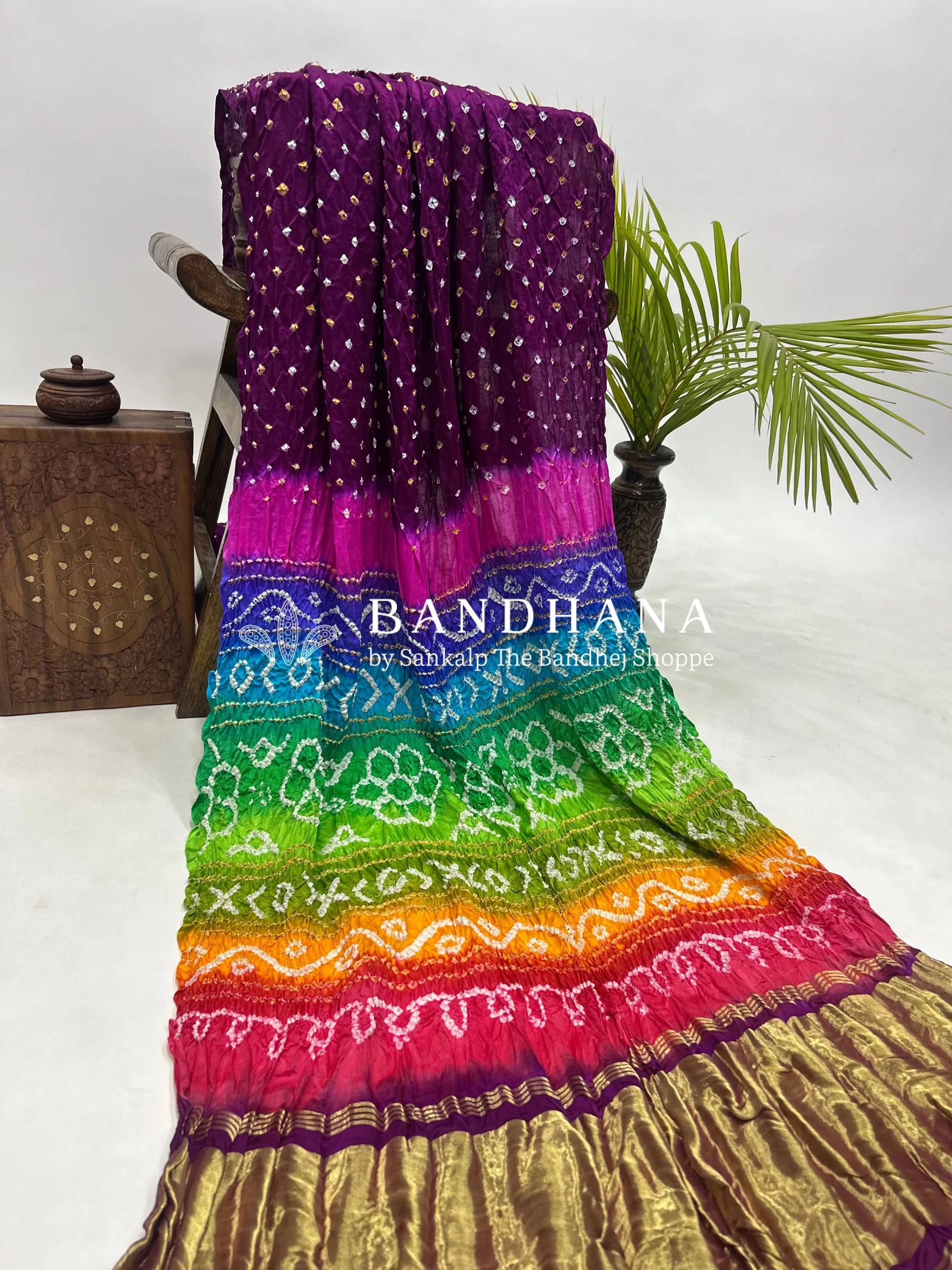 Magenta Multi Colour Palav Gajji Silk Single Dot Bandhani Saree Sarees