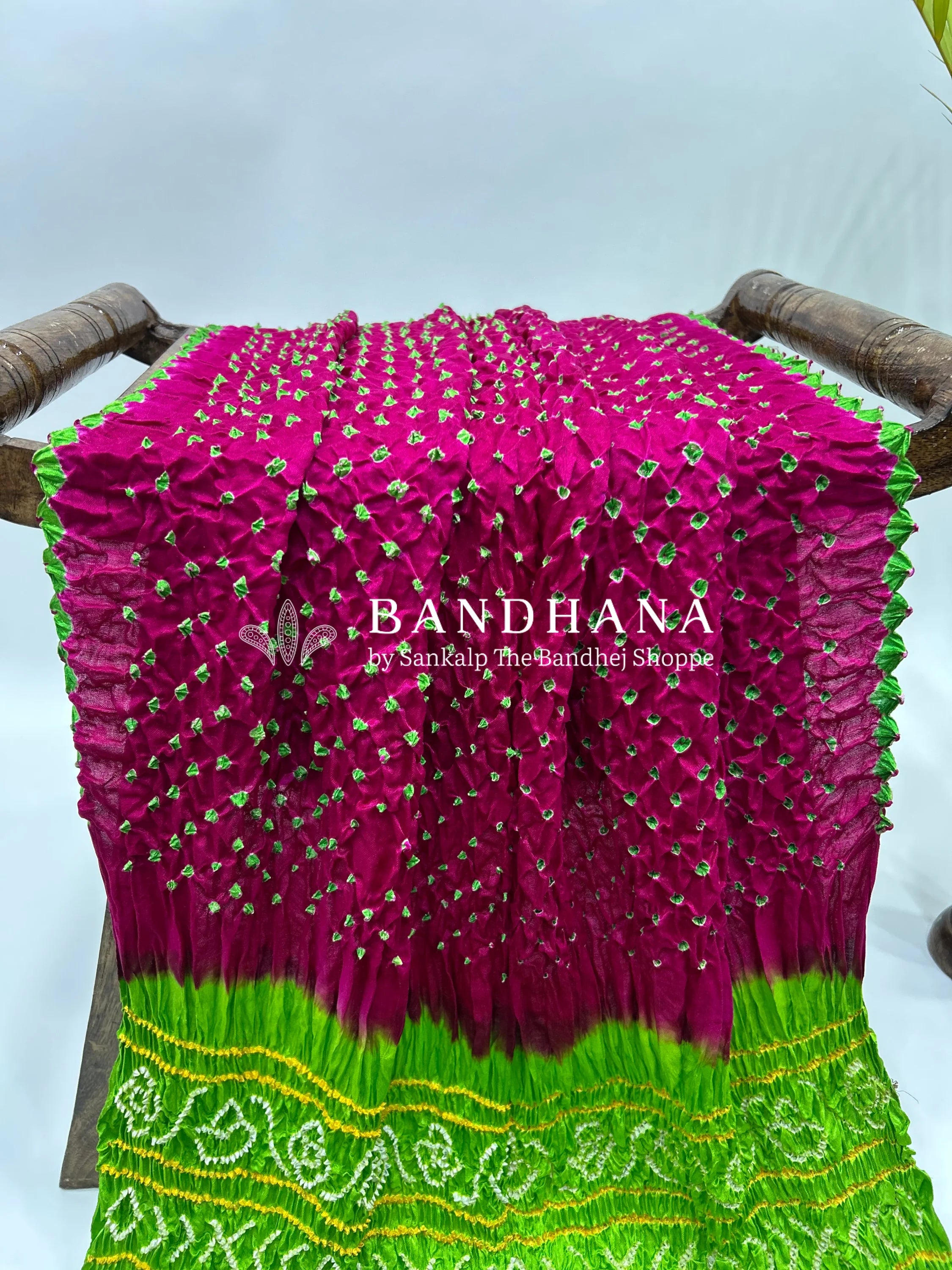 Magenta Parrot Gajji Silk Contrast Colour Bandhej Single Dot Bandhani Saree Sarees