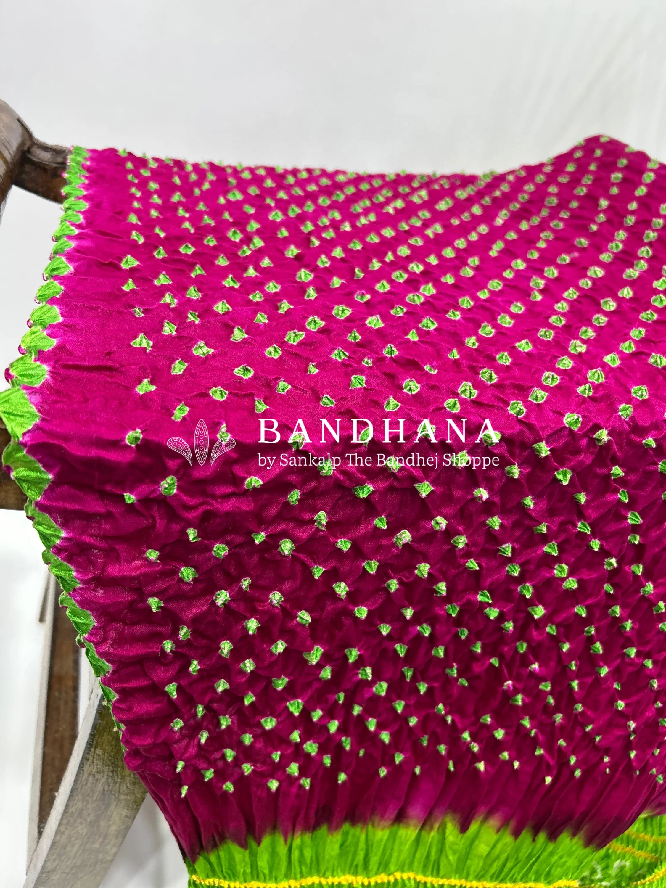 Magenta Parrot Gajji Silk Contrast Colour Bandhej Single Dot Bandhani Saree Sarees