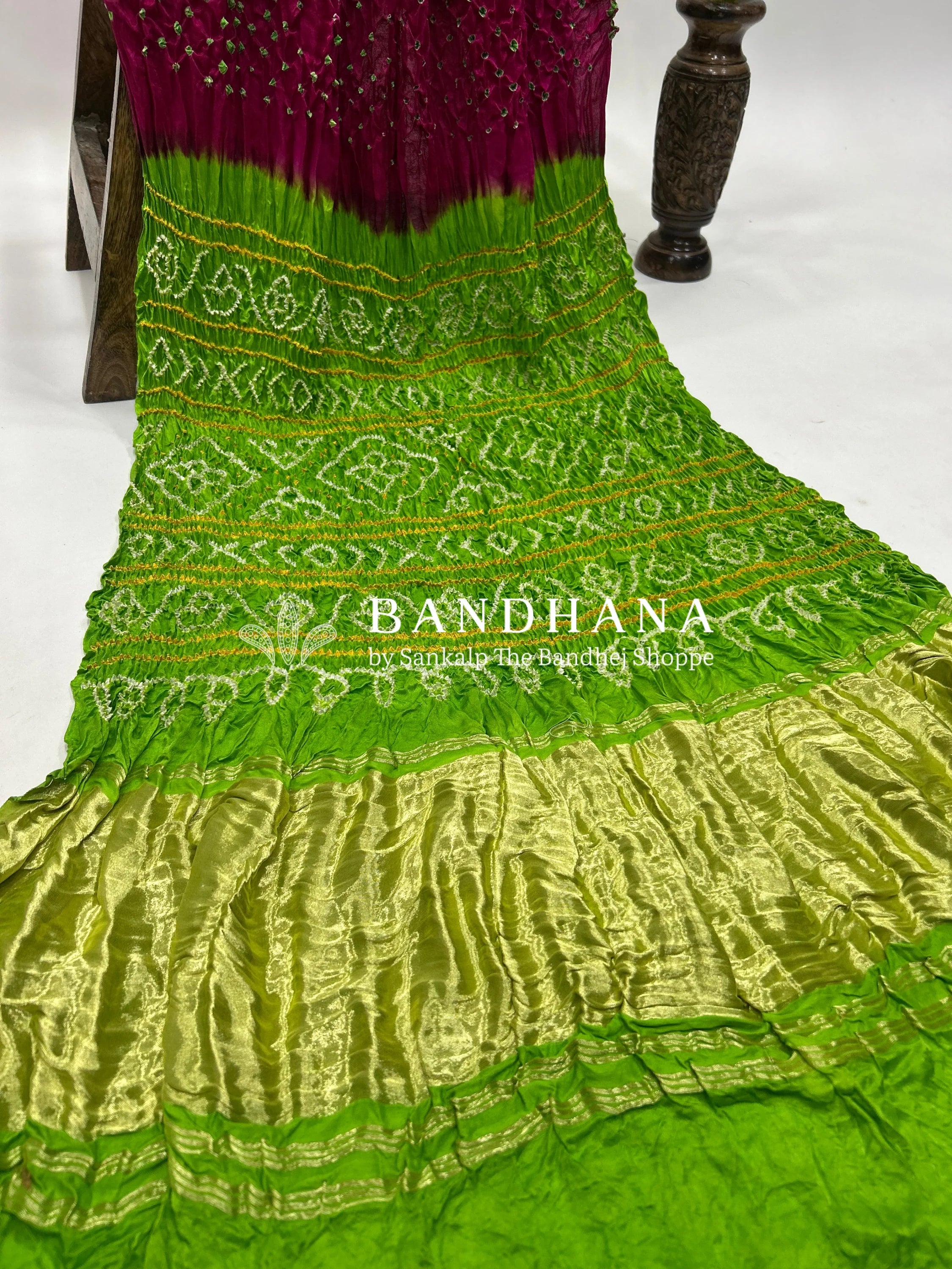 Magenta Parrot Gajji Silk Contrast Colour Bandhej Single Dot Bandhani Saree Sarees