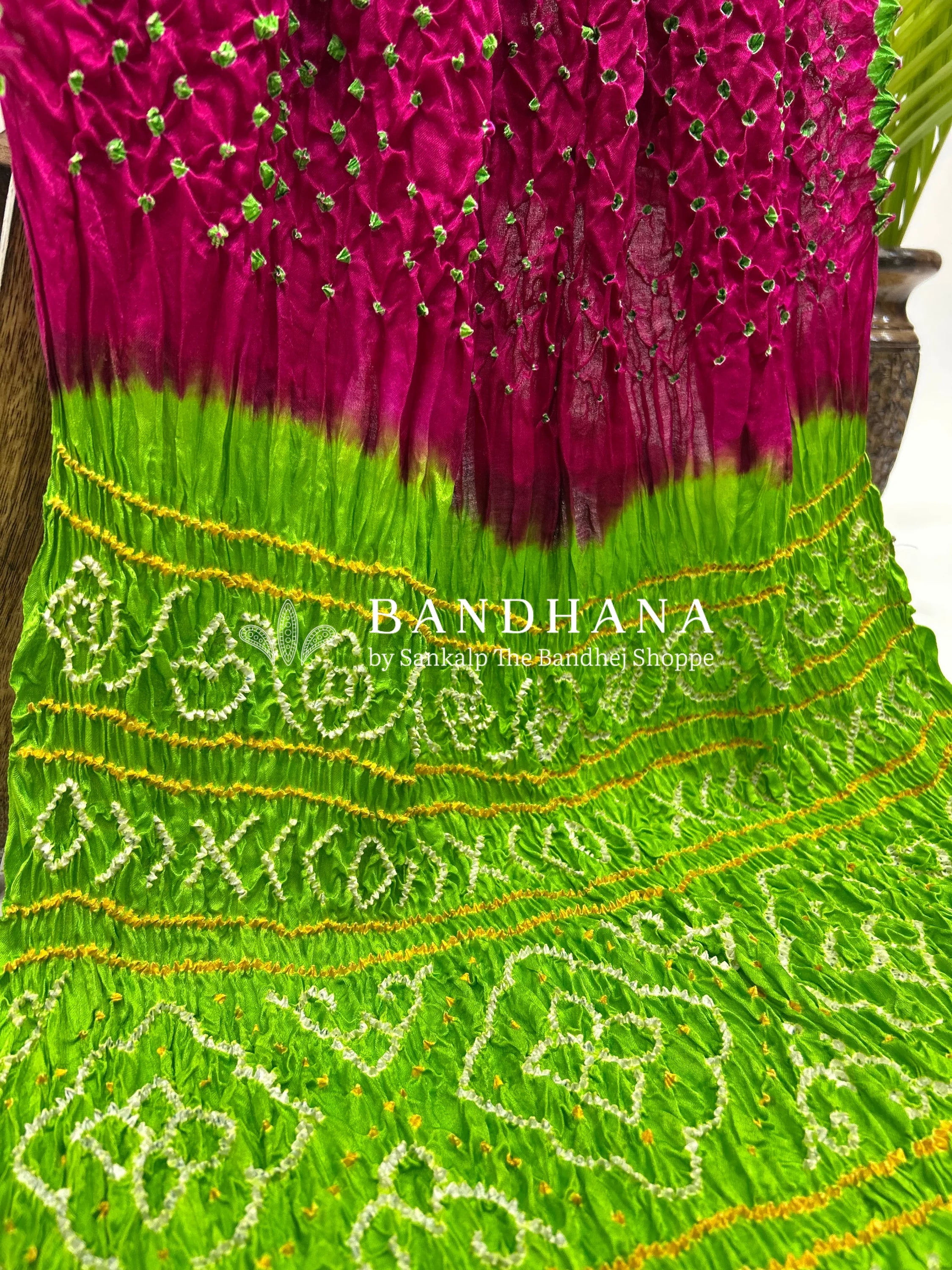 Magenta Parrot Gajji Silk Contrast Colour Bandhej Single Dot Bandhani Saree Sarees