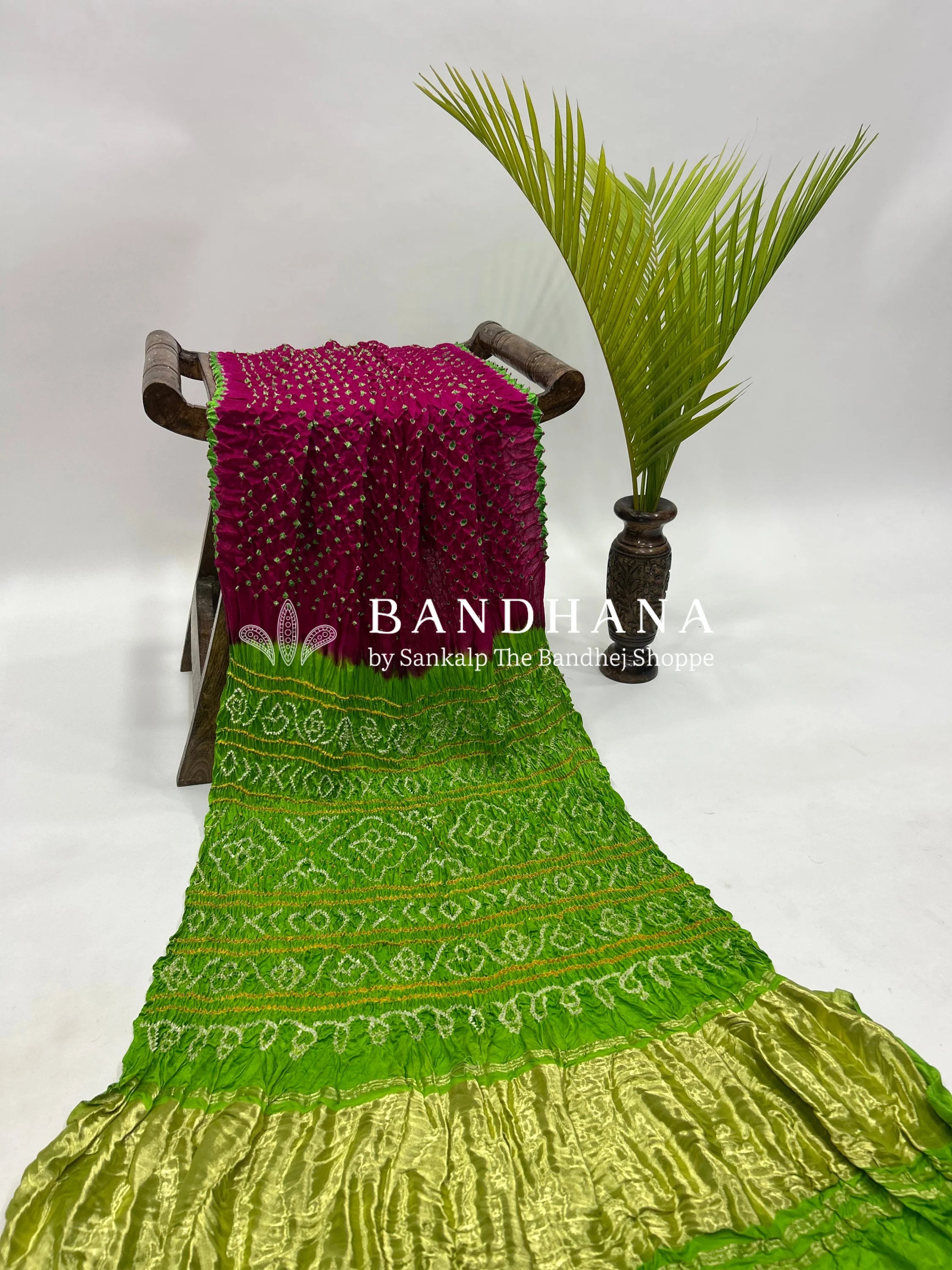 Magenta Parrot Gajji Silk Contrast Colour Bandhej Single Dot Bandhani Saree Sarees