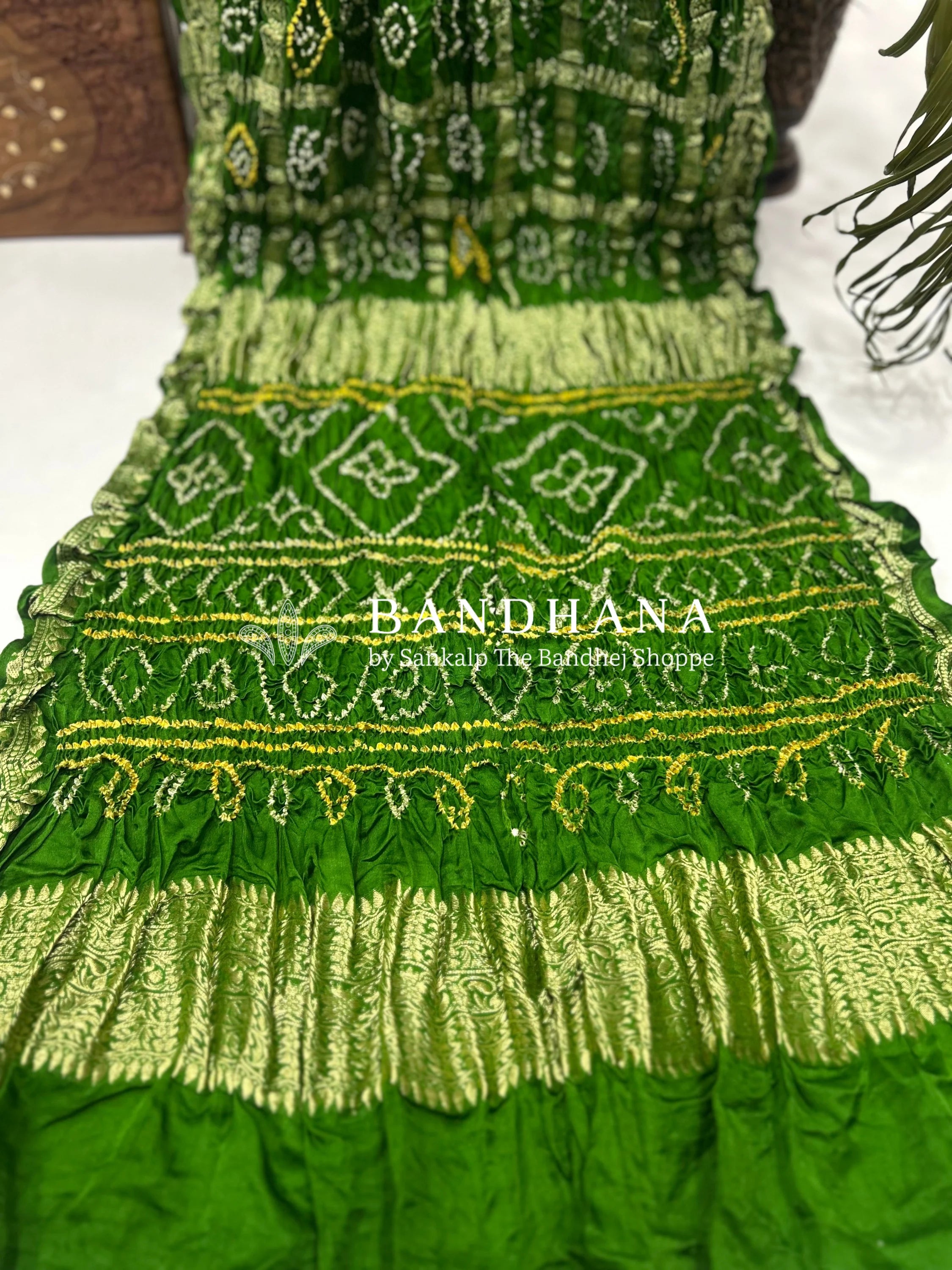 Mahendi Green Gajji Nakshi Gharchola Bandhani Saree Sarees