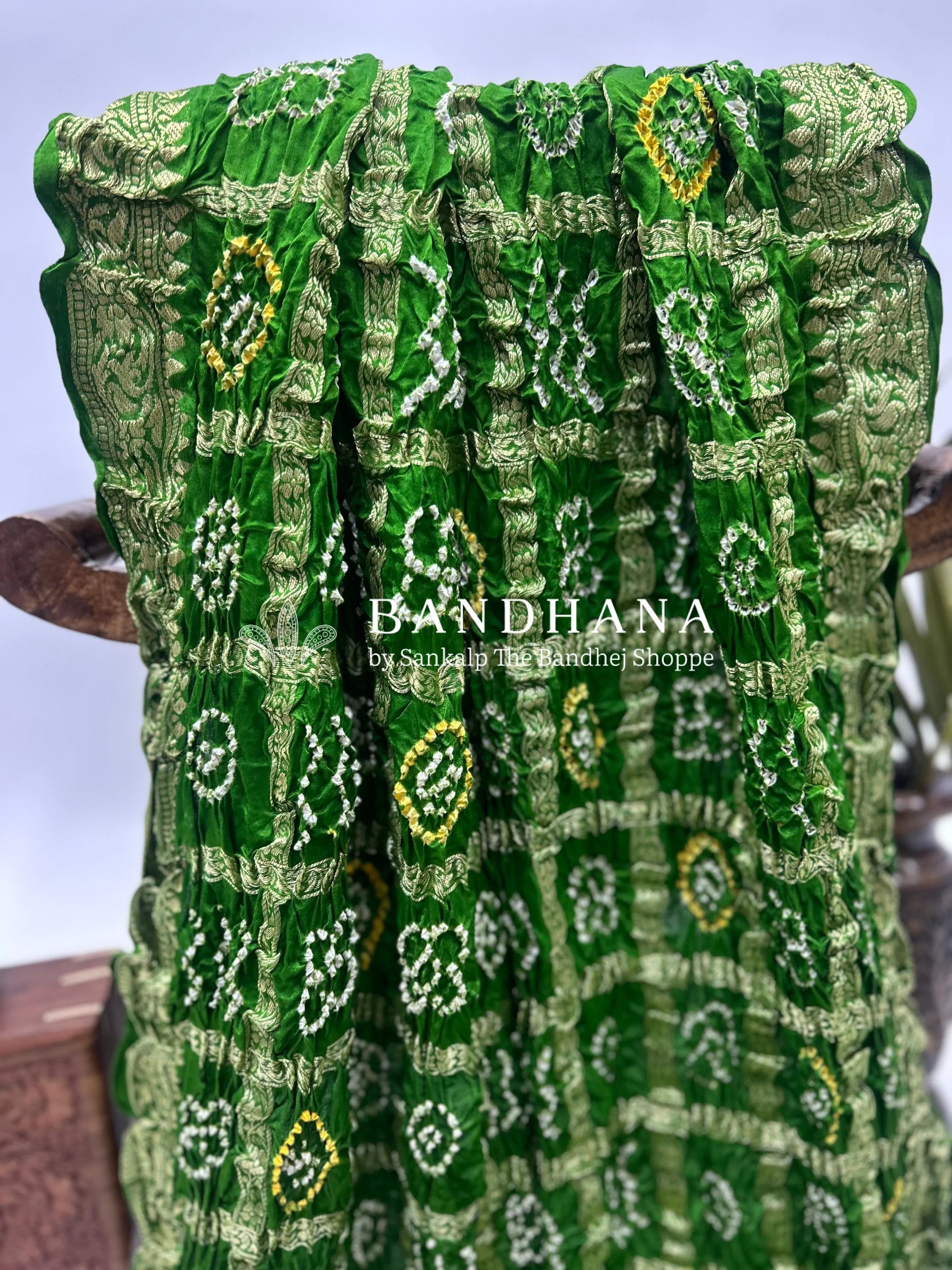 Mahendi Green Gajji Nakshi Gharchola Bandhani Saree Sarees