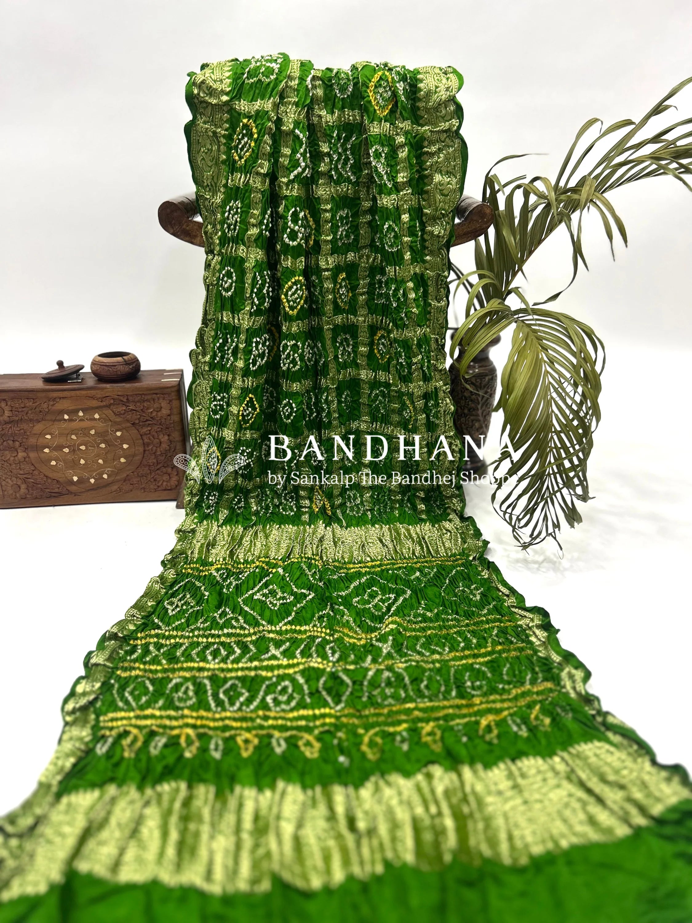 Mahendi Green Gajji Nakshi Gharchola Bandhani Saree Sarees
