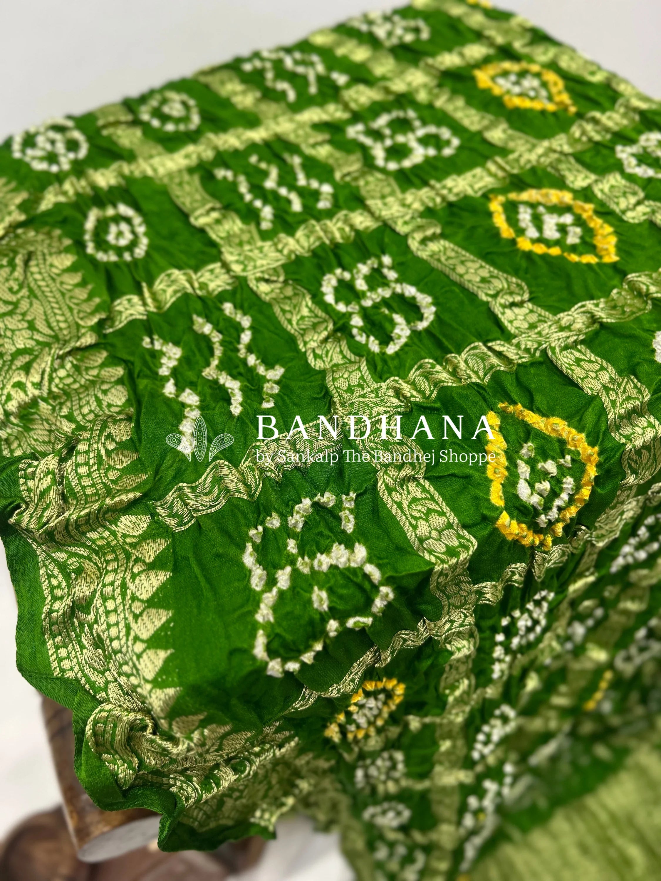 Mahendi Green Gajji Nakshi Gharchola Bandhani Saree Sarees