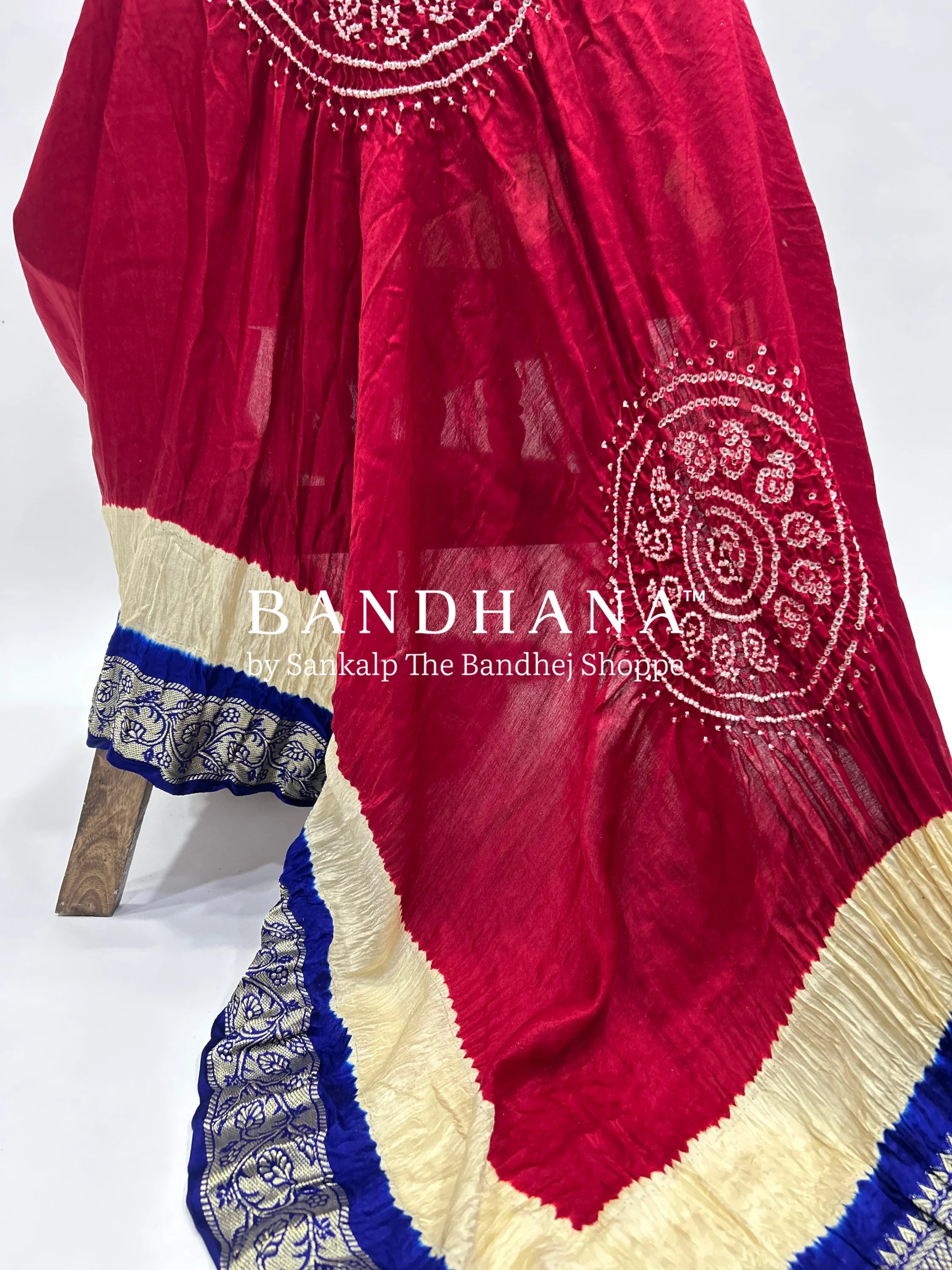 Maroon-Blue Gajji Silk Designer Gala Dupatta With 3 Colour Dying maroon / Gajji Silk Dupattas