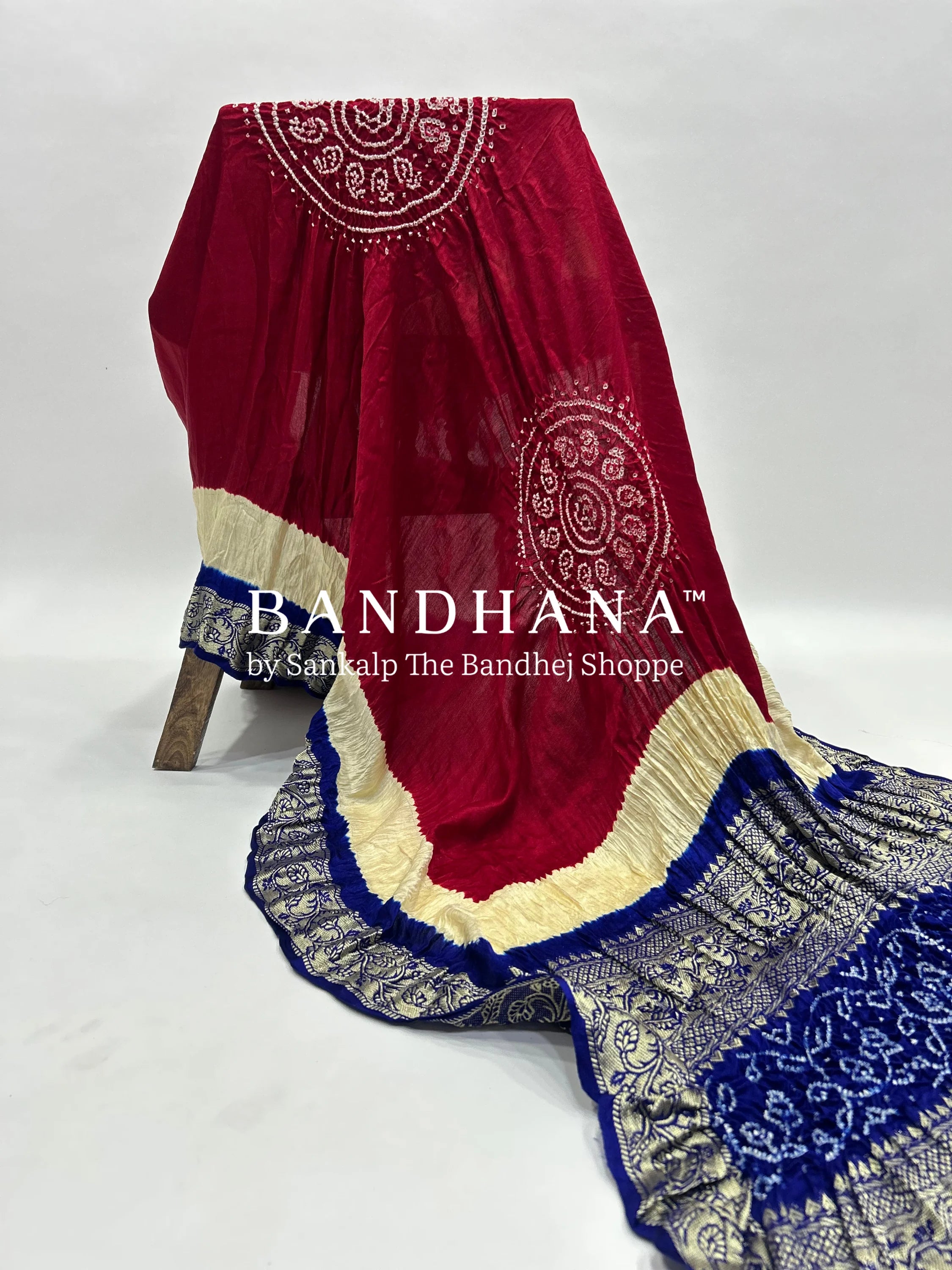 Maroon-Blue Gajji Silk Designer Gala Dupatta With 3 Colour Dying maroon / Gajji Silk Dupattas