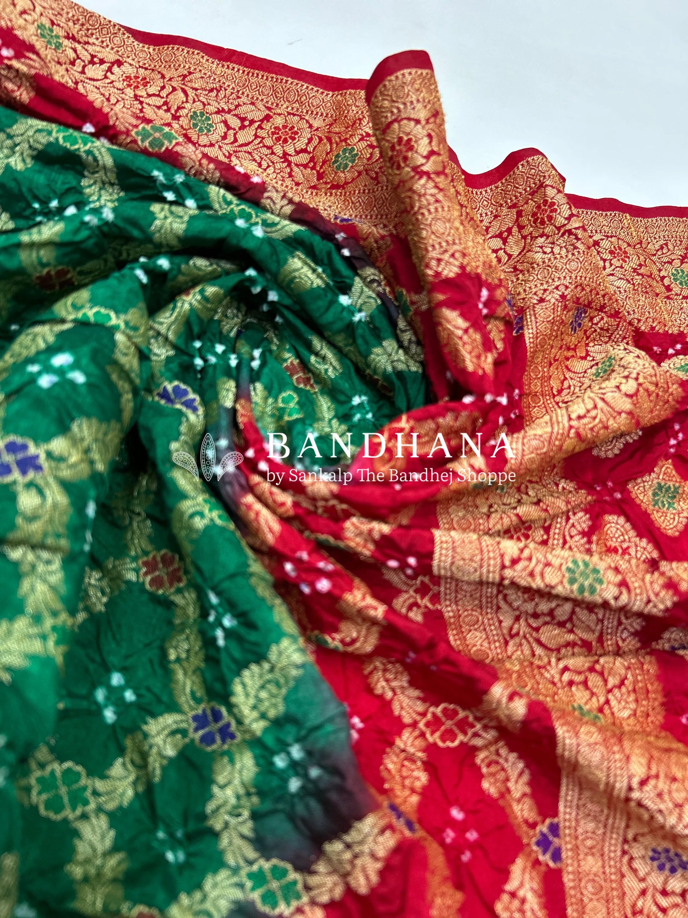 Maroon & Green Art Dupion Butta Bandhani Dress Material green / Art Silk Dresses