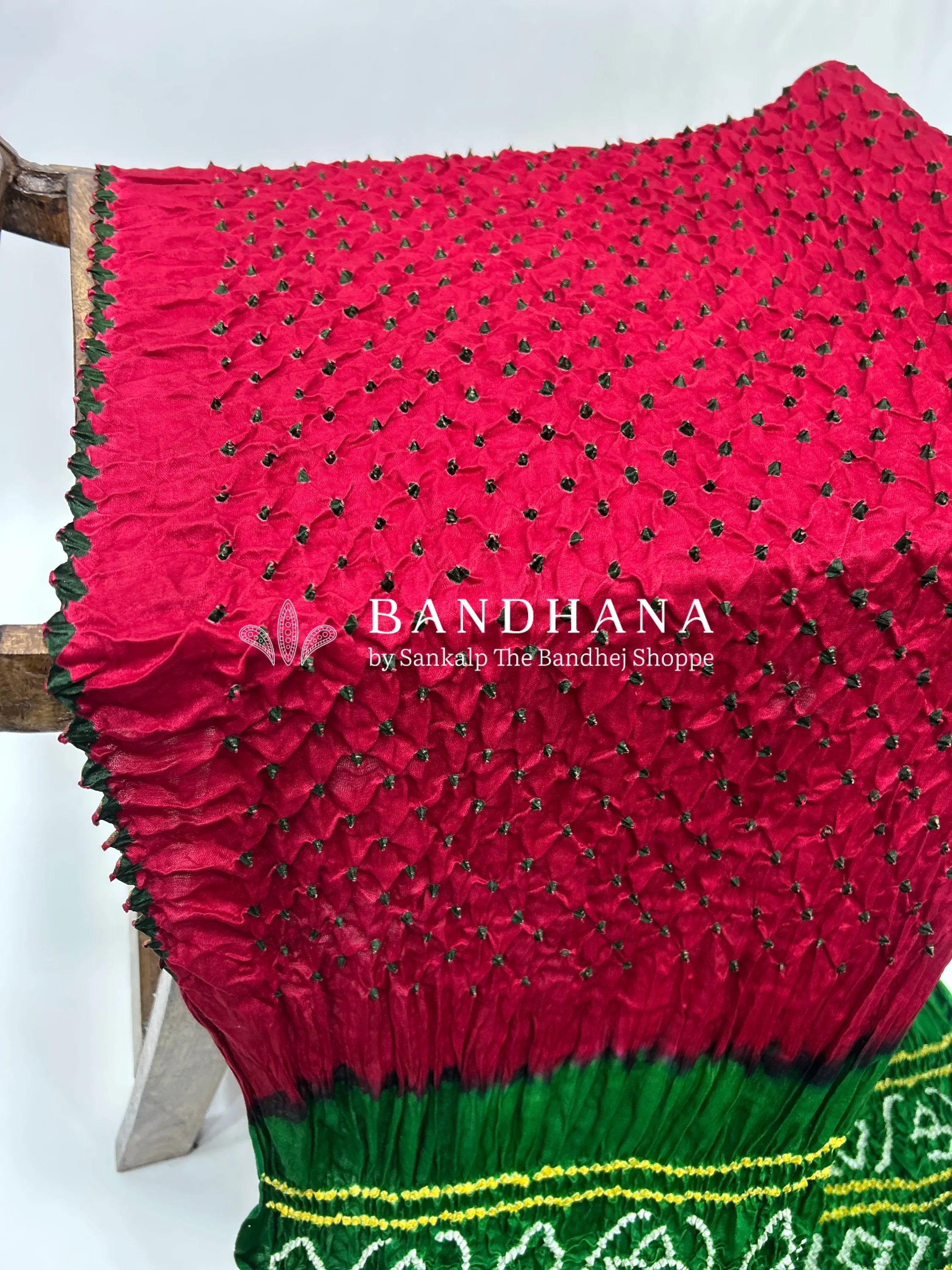 Maroon Green Gajji Silk Contrast Colour Bandhej Single Dot Bandhani Saree Sarees