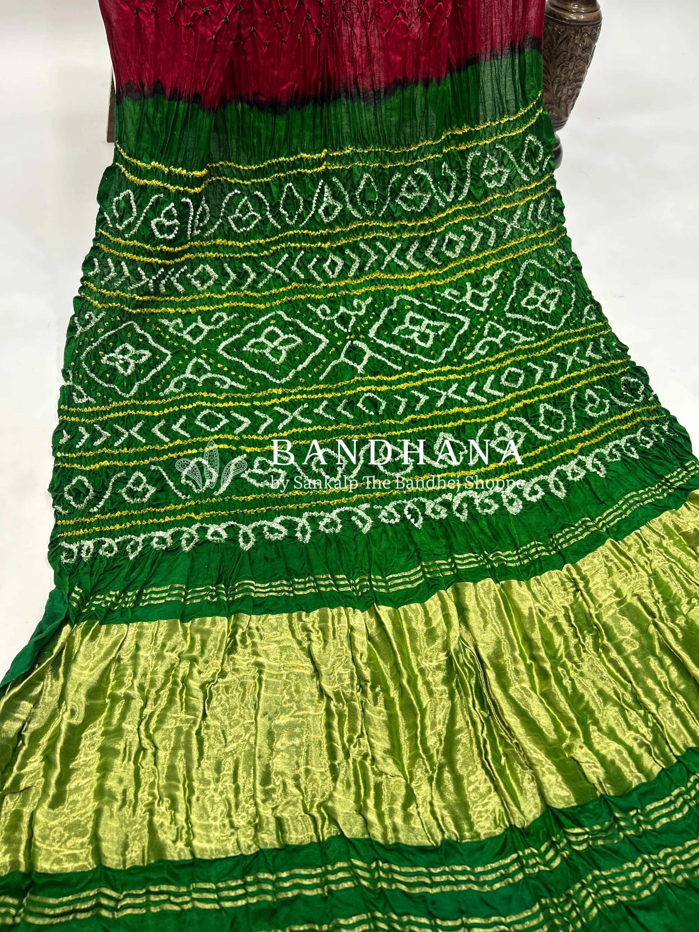 Maroon Green Gajji Silk Contrast Colour Bandhej Single Dot Bandhani Saree Sarees