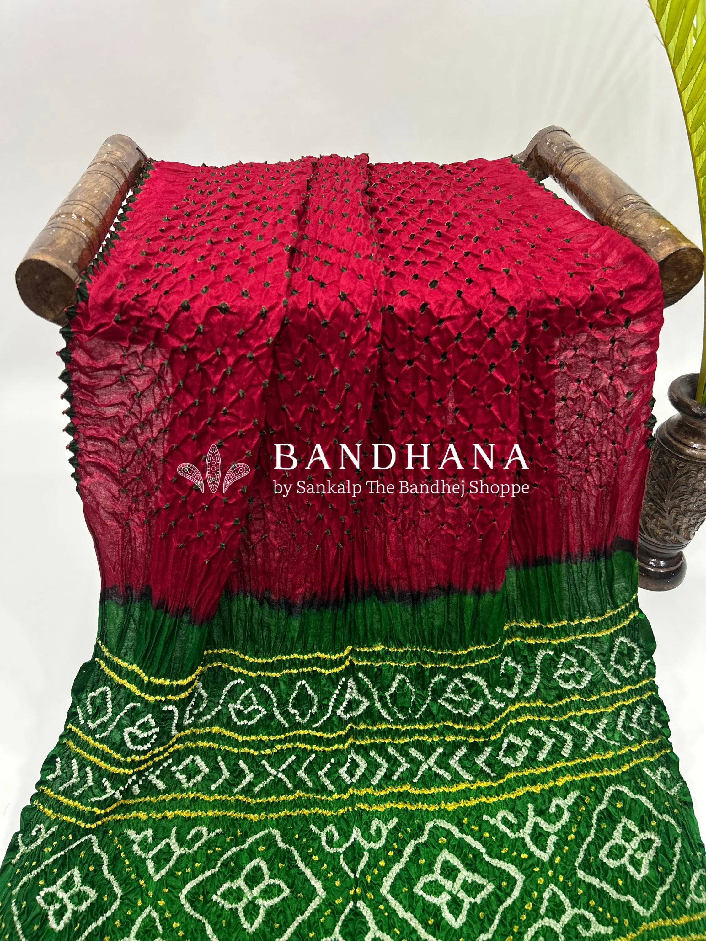 Maroon Green Gajji Silk Contrast Colour Bandhej Single Dot Bandhani Saree Sarees