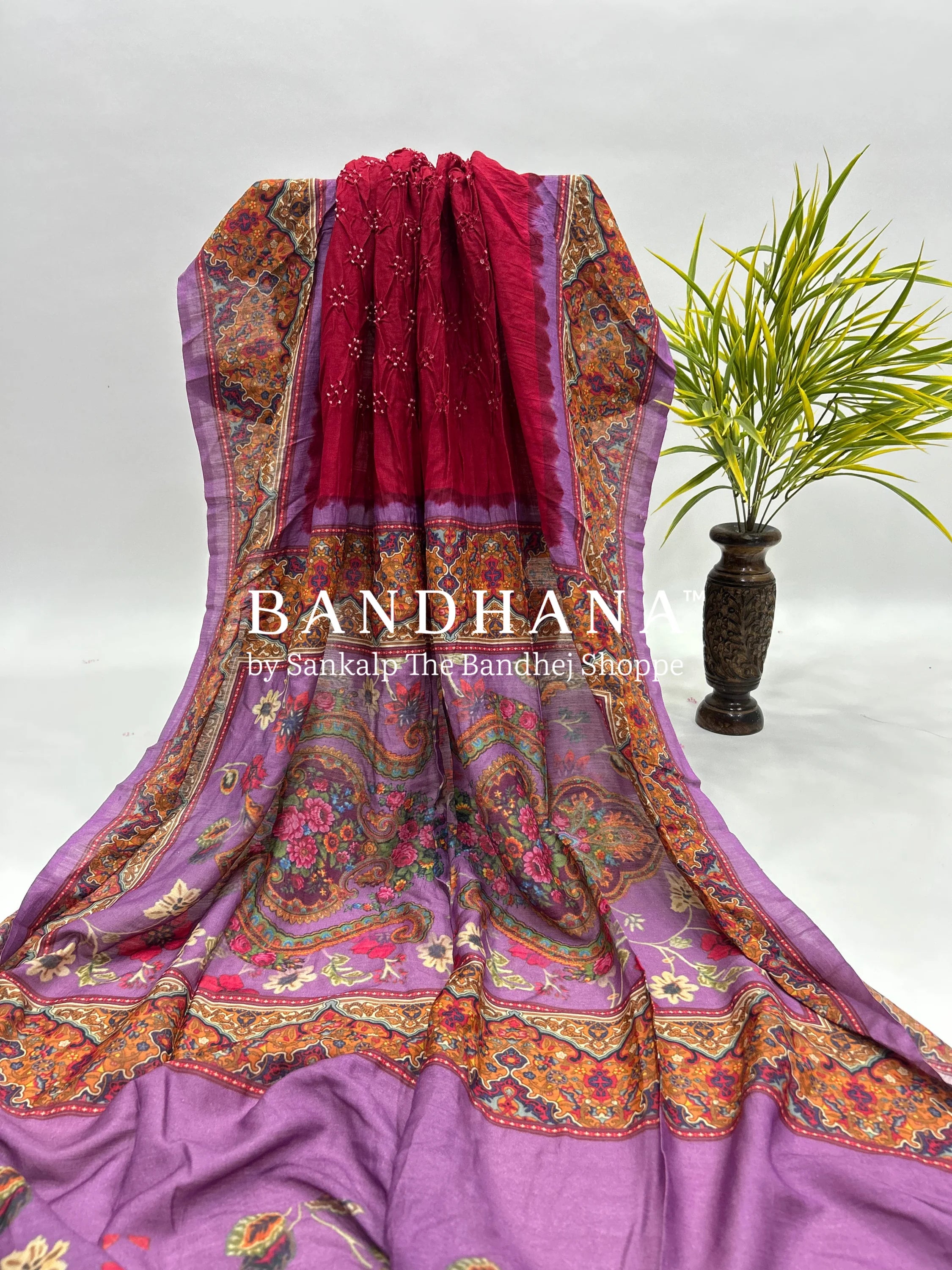 Maroon-Lavender Muga Silk Digital Kashmiri Print Bandhani Saree maroon / Muga Silk Sarees