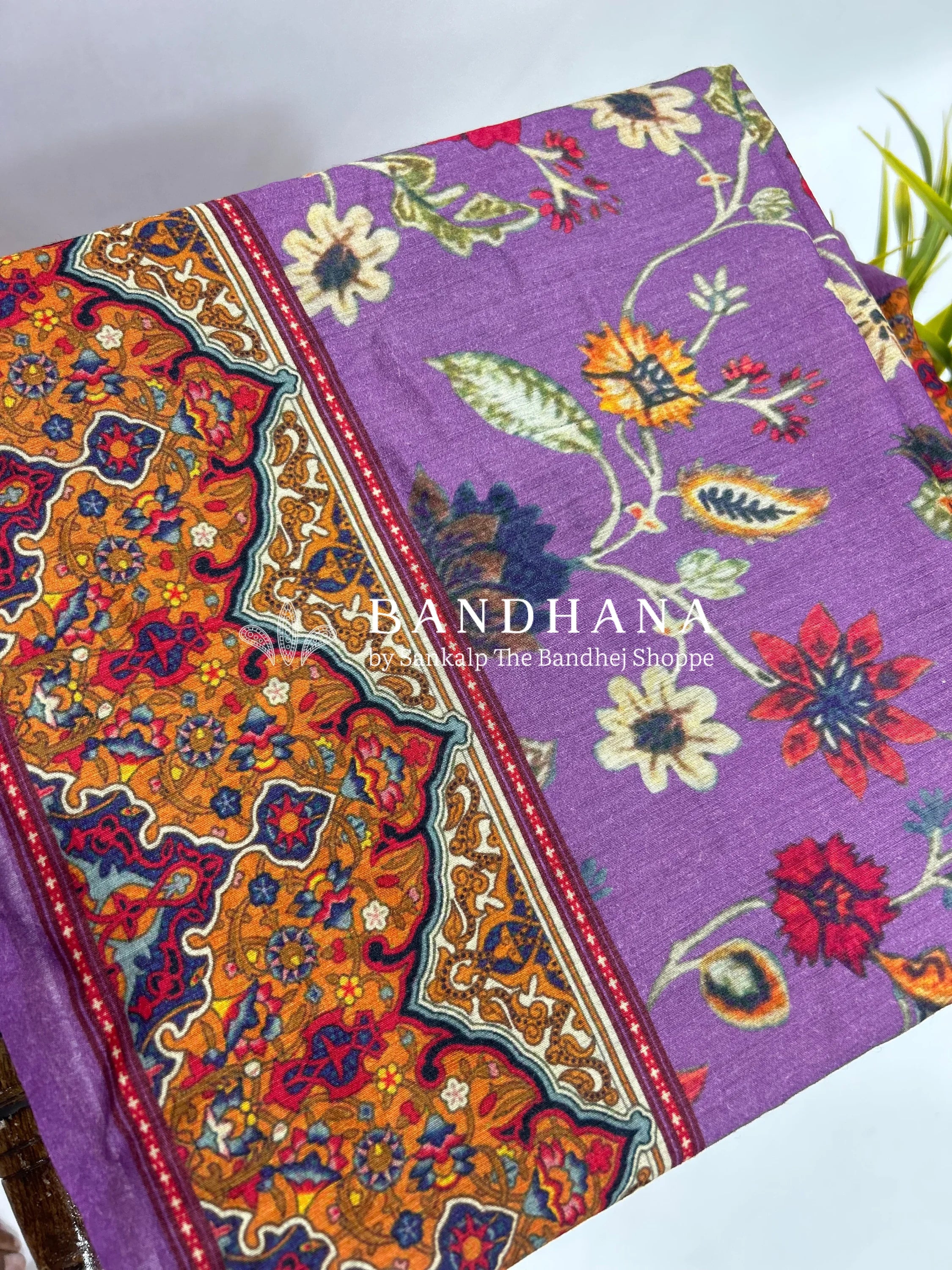 Maroon-Lavender Muga Silk Digital Kashmiri Print Bandhani Saree maroon / Muga Silk Sarees