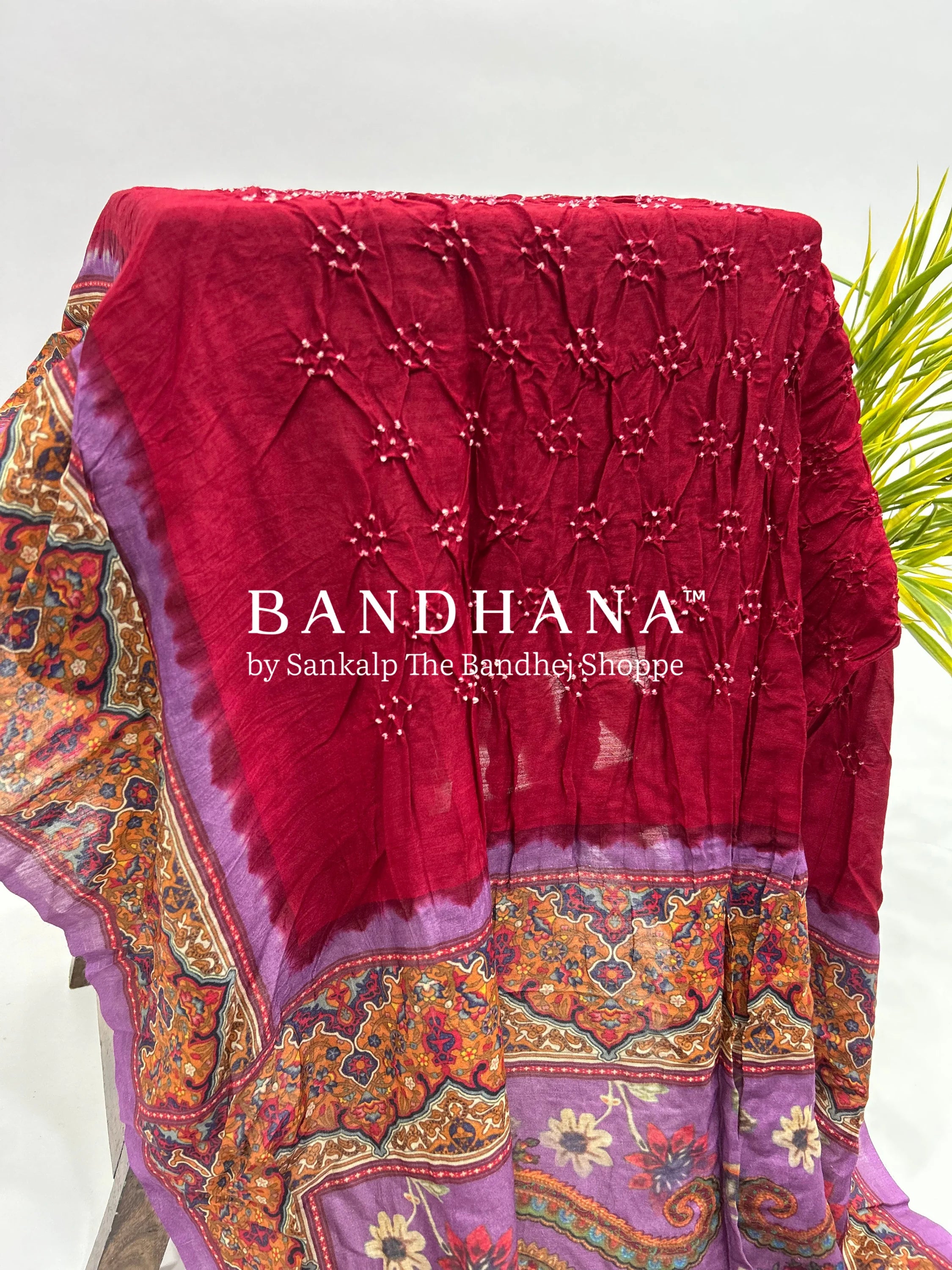 Maroon-Lavender Muga Silk Digital Kashmiri Print Bandhani Saree maroon / Muga Silk Sarees