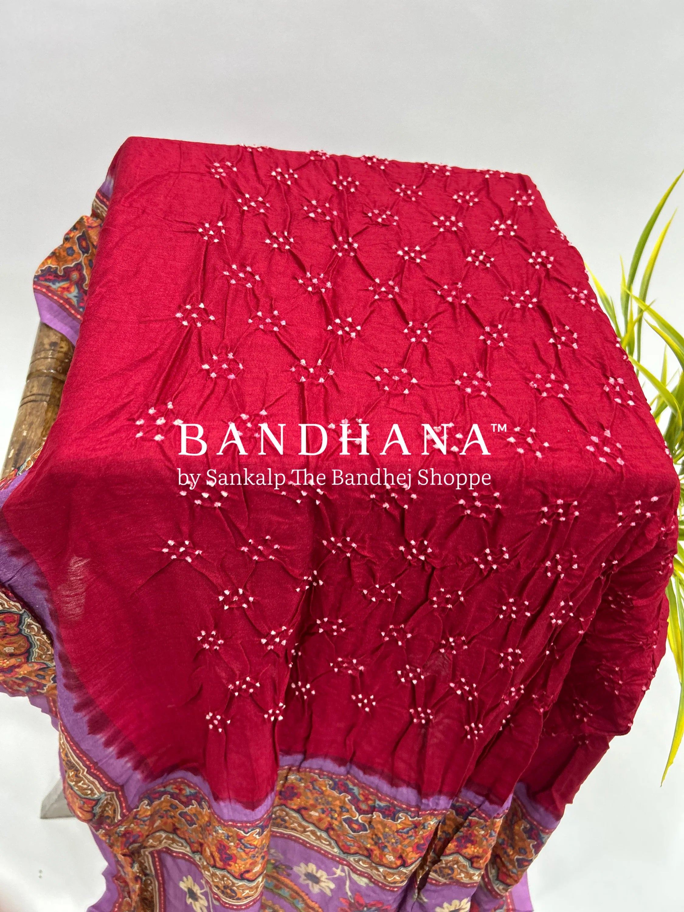 Maroon-Lavender Muga Silk Digital Kashmiri Print Bandhani Saree maroon / Muga Silk Sarees