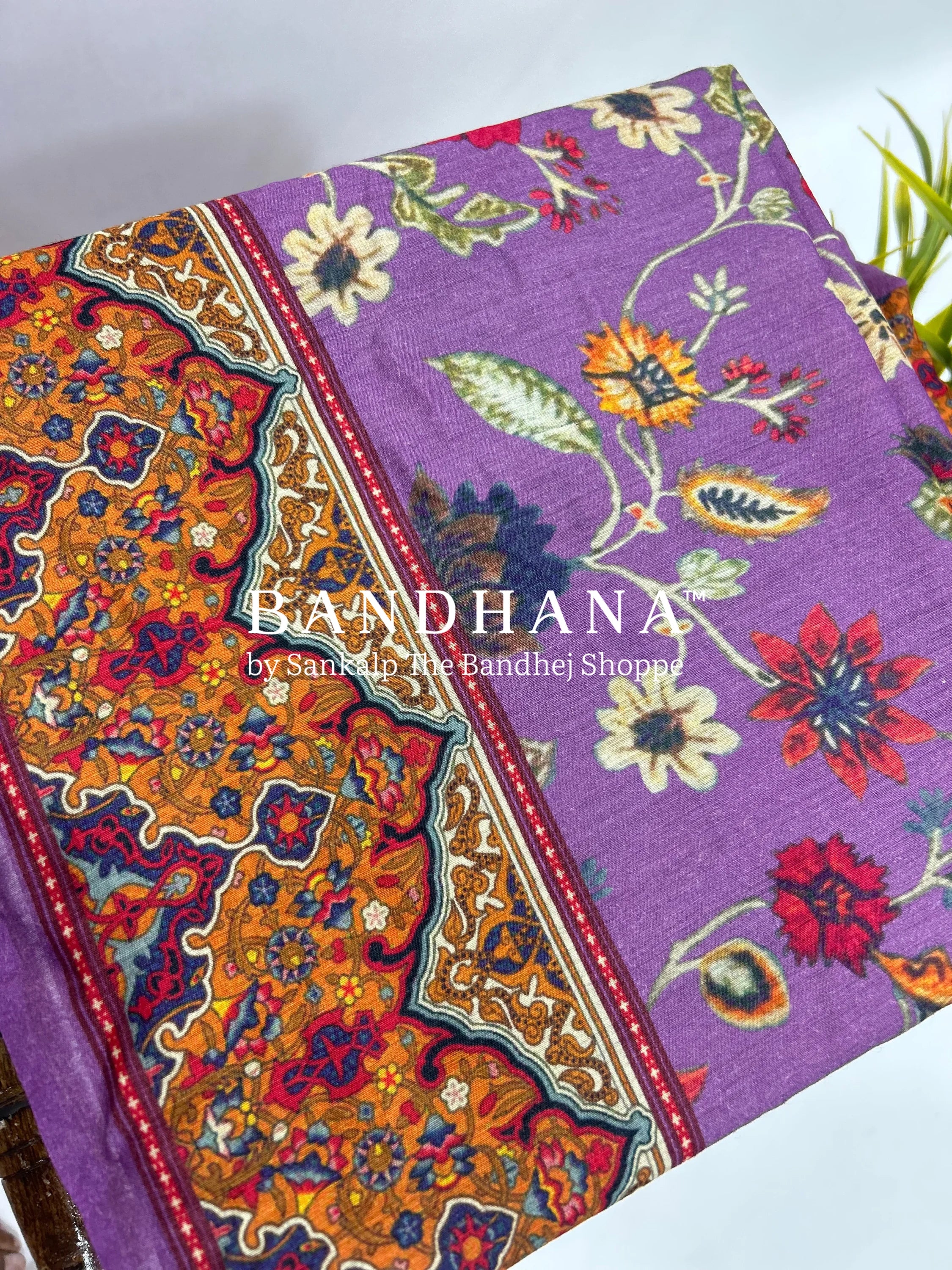 Maroon-Lavender Muga Silk Digital Kashmiri Print Bandhani Saree maroon / Muga Silk Sarees