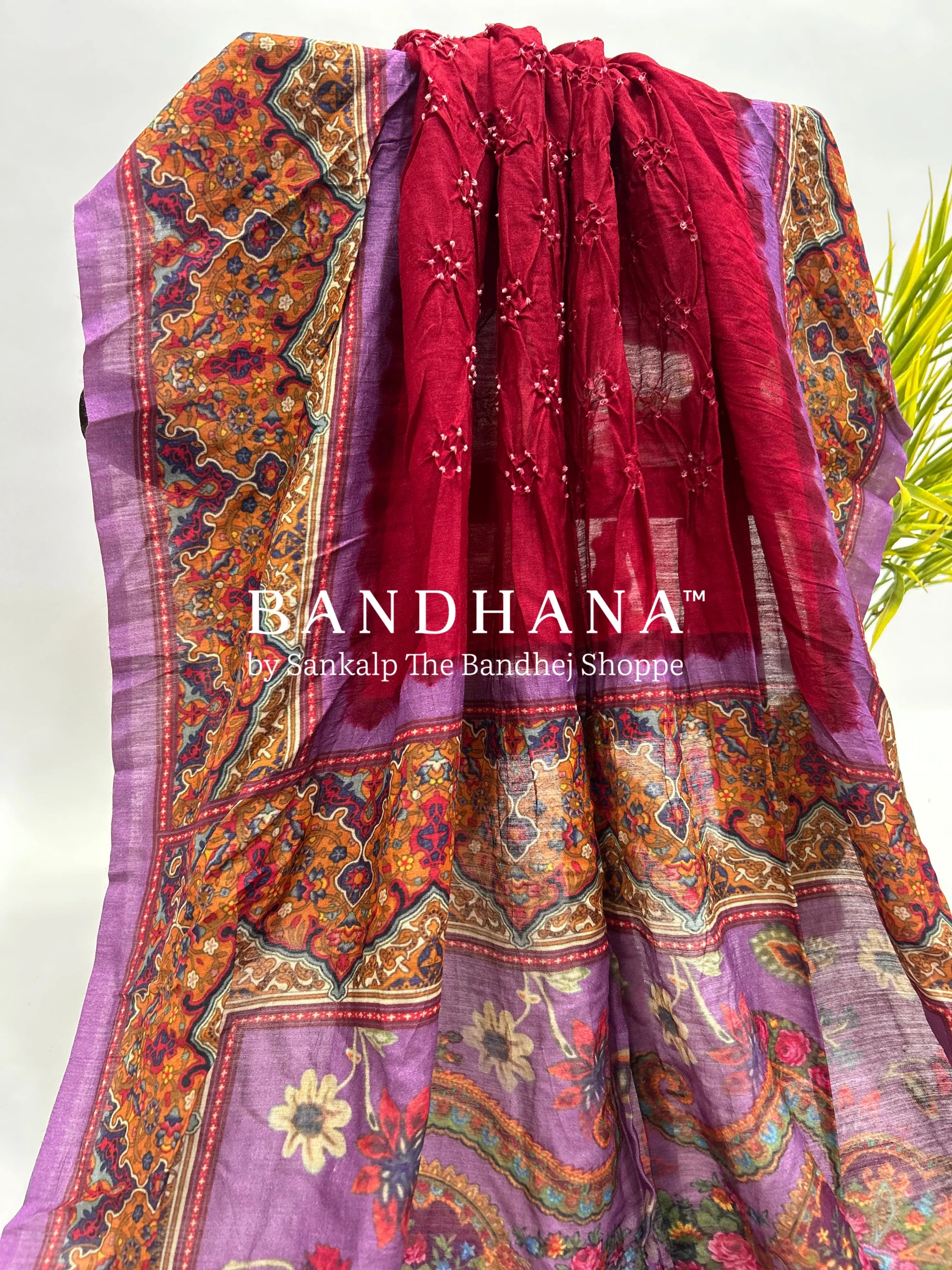 Maroon-Lavender Muga Silk Digital Kashmiri Print Bandhani Saree maroon / Muga Silk Sarees