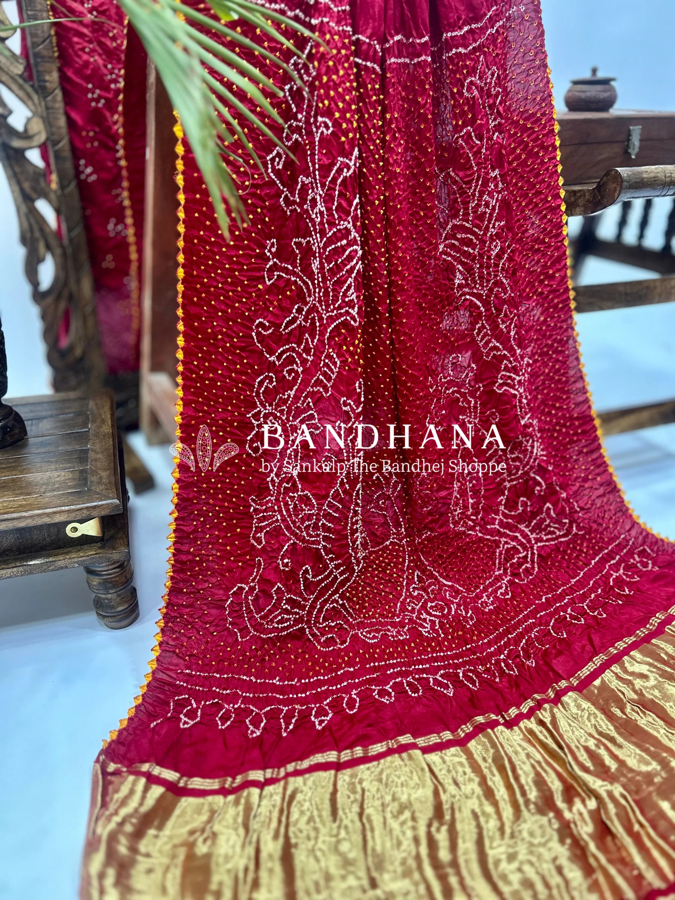 Maroon Mor Palav Gajji Designer Bandhani Saree Sarees