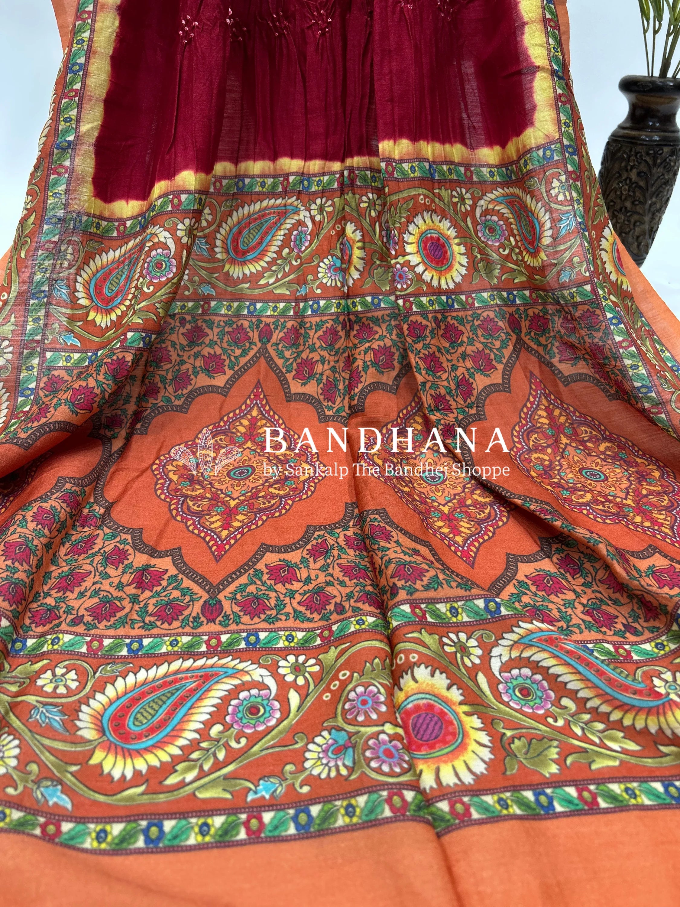 Maroon-Rust Muga Silk Digital Kashmiri Print Bandhani Saree maroon / Muga Silk Sarees