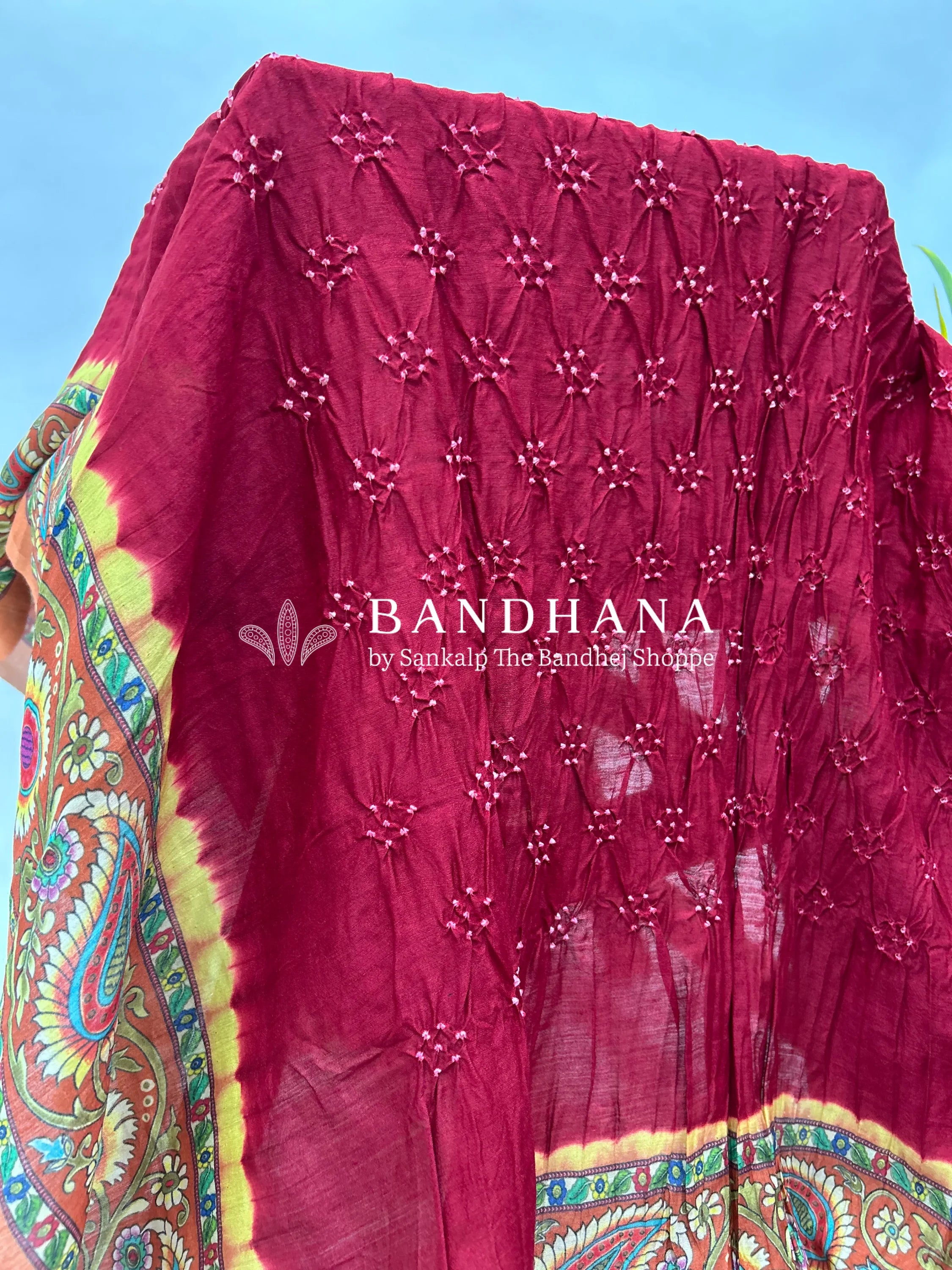 Maroon-Rust Muga Silk Digital Kashmiri Print Bandhani Saree maroon / Muga Silk Sarees