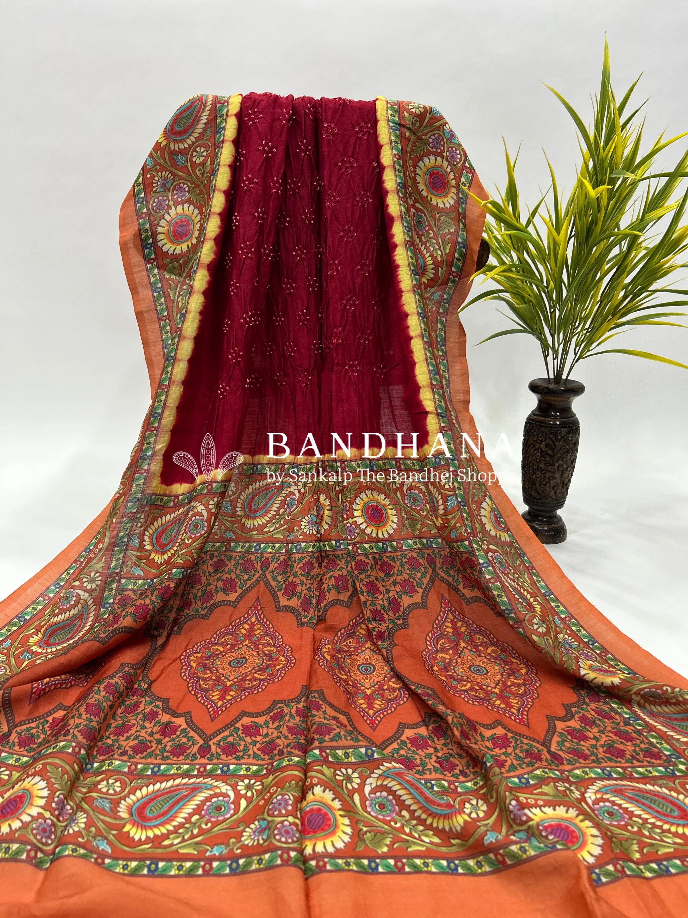 Maroon-Rust Muga Silk Digital Kashmiri Print Bandhani Saree maroon / Muga Silk Sarees