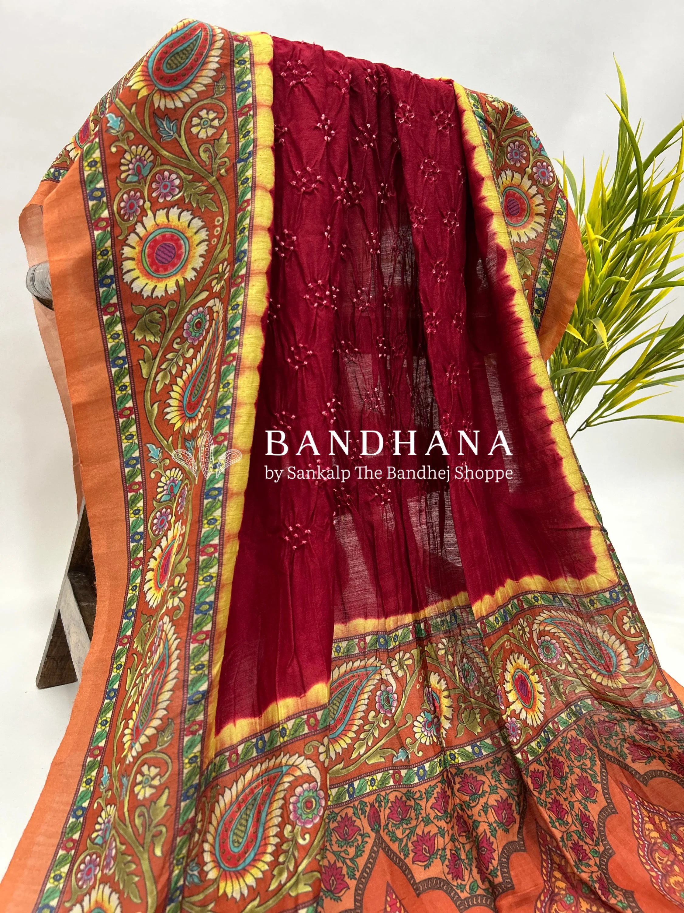 Maroon-Rust Muga Silk Digital Kashmiri Print Bandhani Saree maroon / Muga Silk Sarees