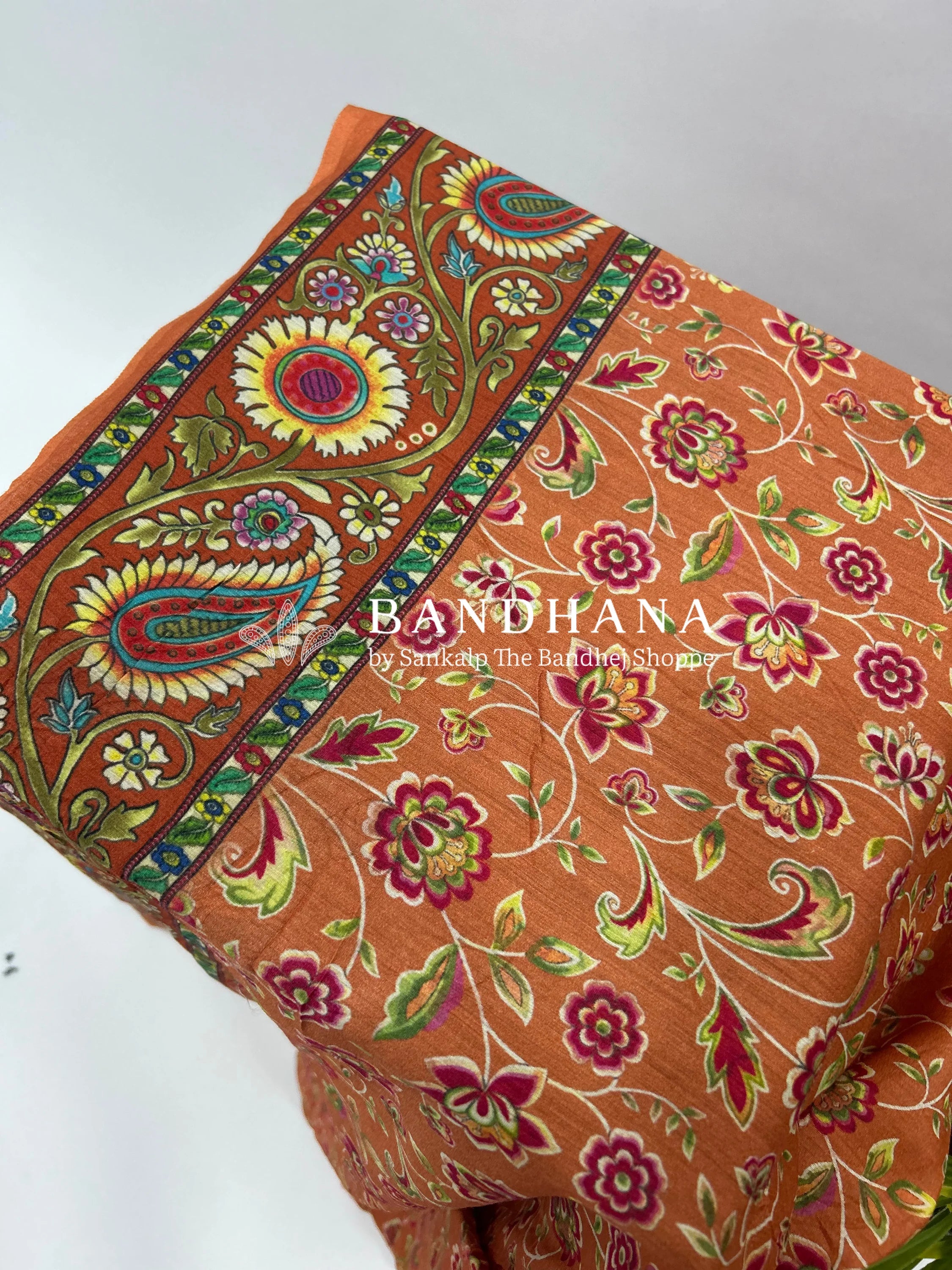 Maroon-Rust Muga Silk Digital Kashmiri Print Bandhani Saree maroon / Muga Silk Sarees