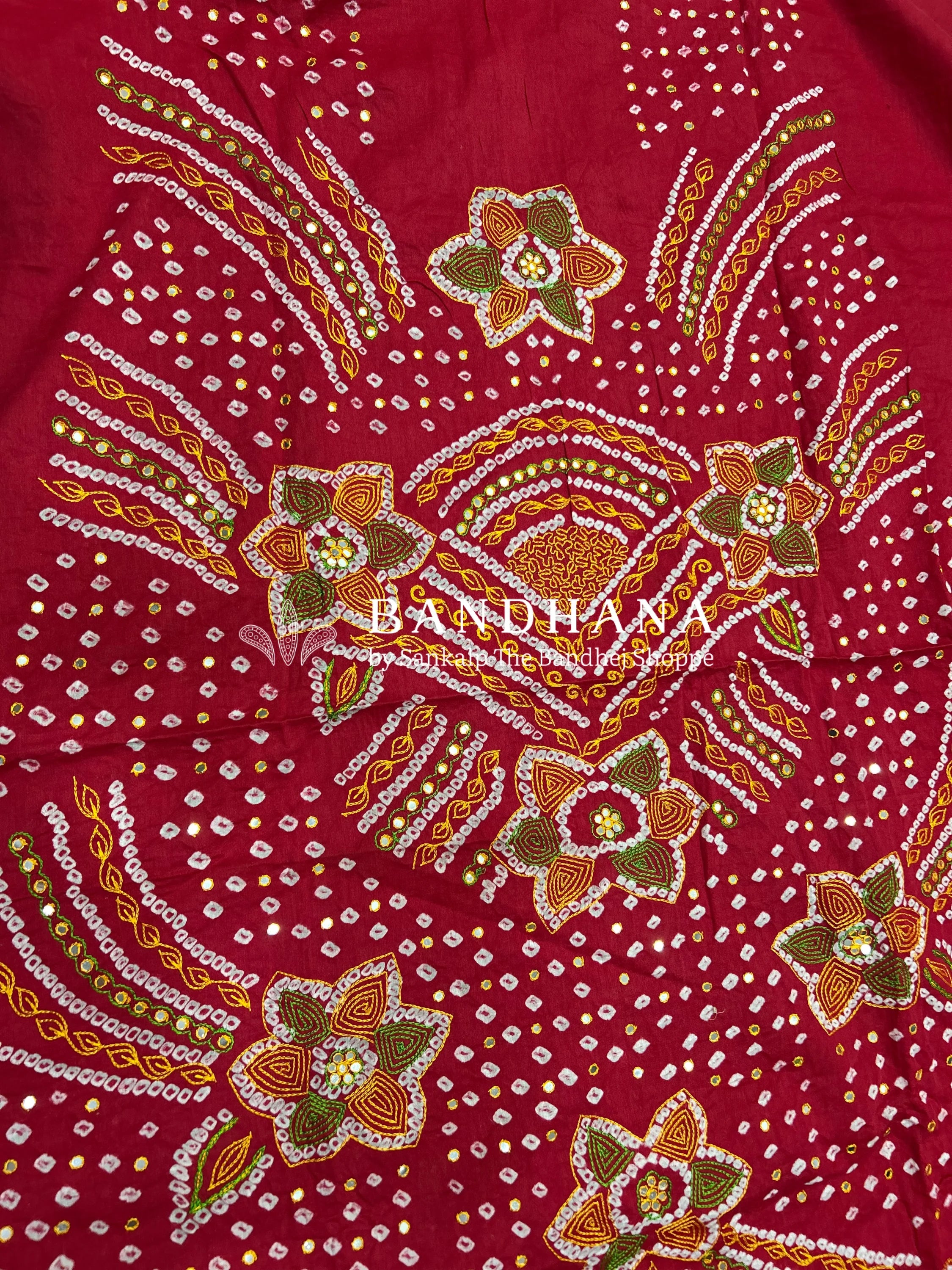 Maroon-Yellow Cotton Fancy Work Bandhani Dress Material maroon / Cotton Dresses