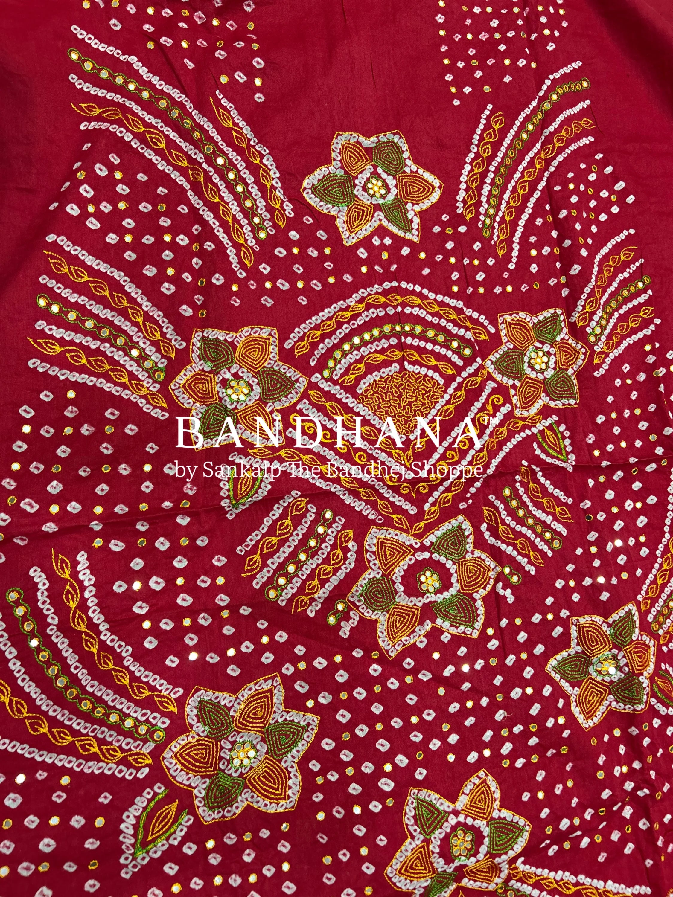 Maroon-Yellow Cotton Fancy Work Bandhani Dress Material maroon / Cotton Dresses