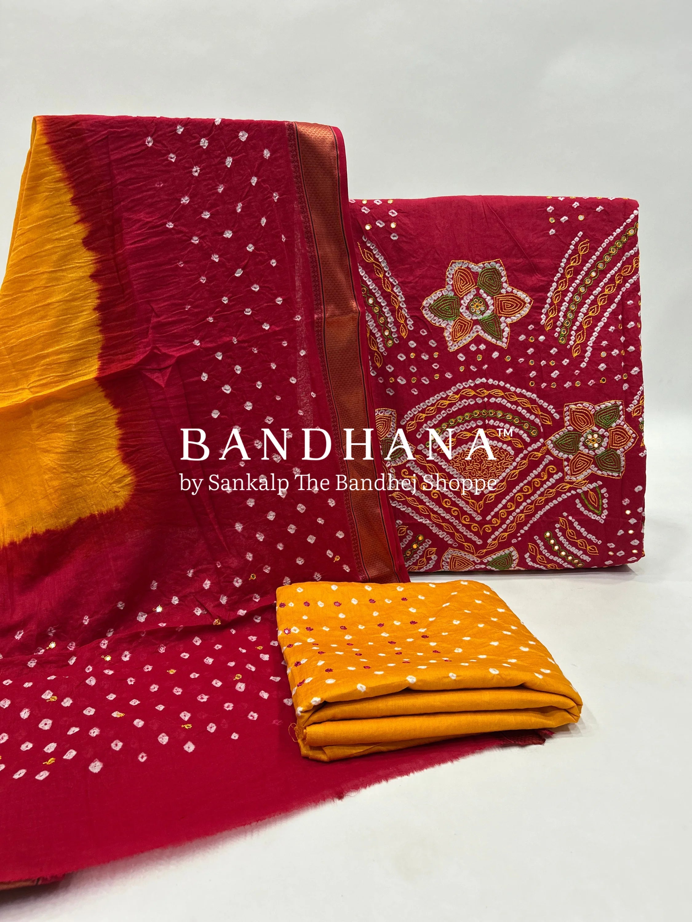 Maroon-Yellow Cotton Fancy Work Bandhani Dress Material maroon / Cotton Dresses