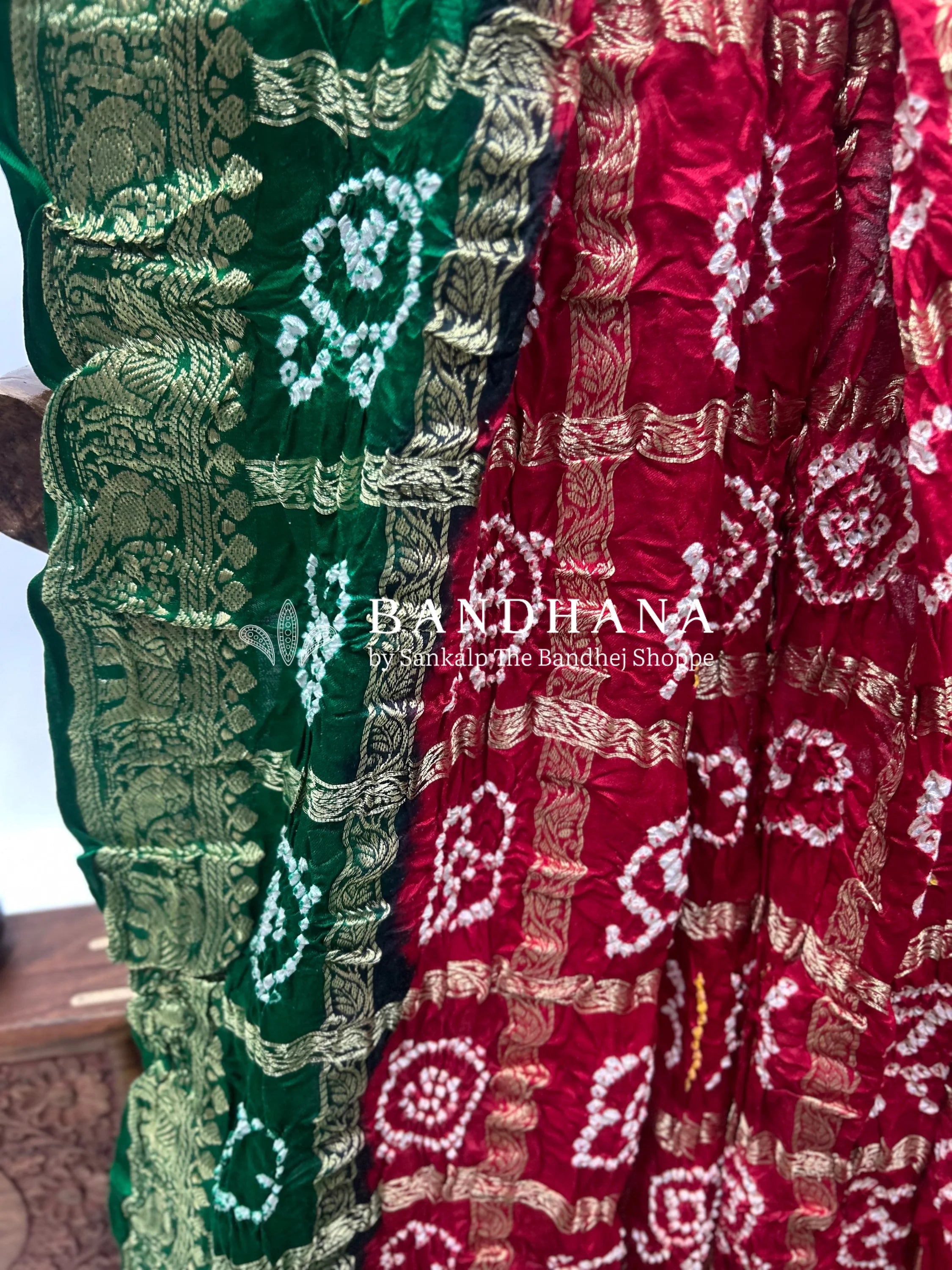 Marron Green Gajji Nakshi Gharchola Bandhani Saree Sarees
