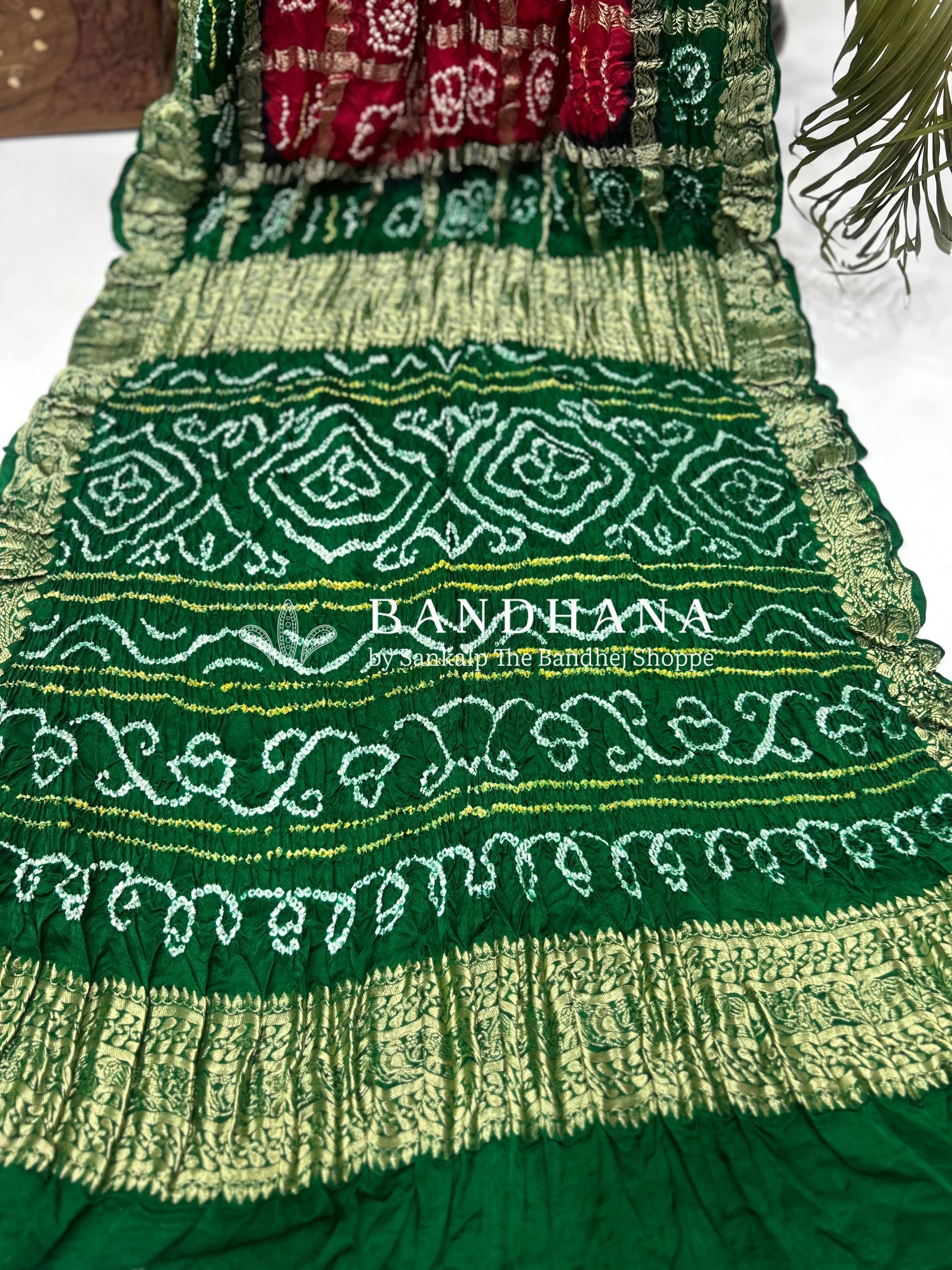 Marron Green Gajji Nakshi Gharchola Bandhani Saree Sarees